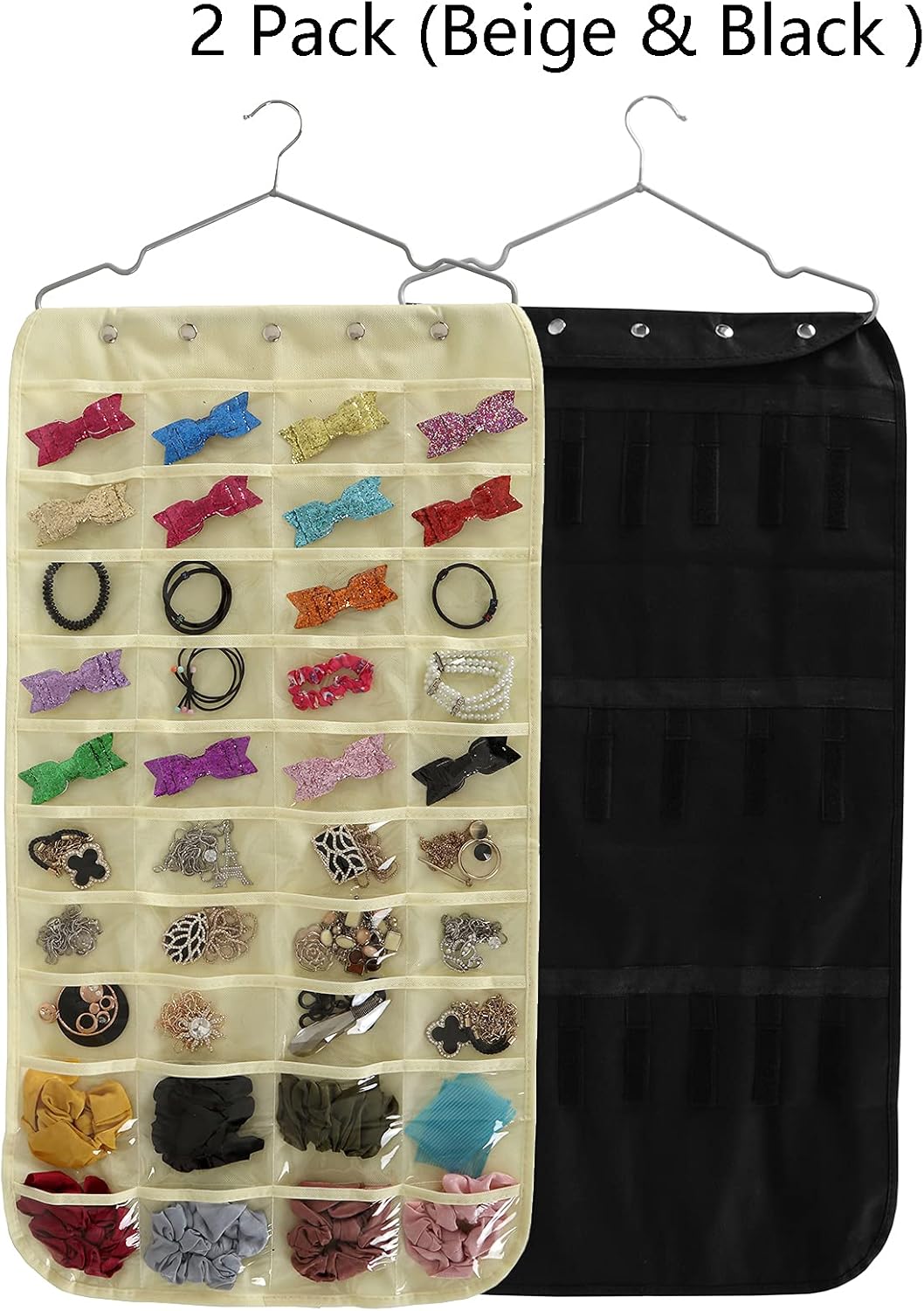 Jucoan 2 Pack Hanging Jewelry Organizer, Double Sided 80 Pockets and 40 Hook & Loops Closet Jewelry Organizer, Necklace Holder for Earrings, Bracelet Ring, Hair Accessories (Beige, Black)