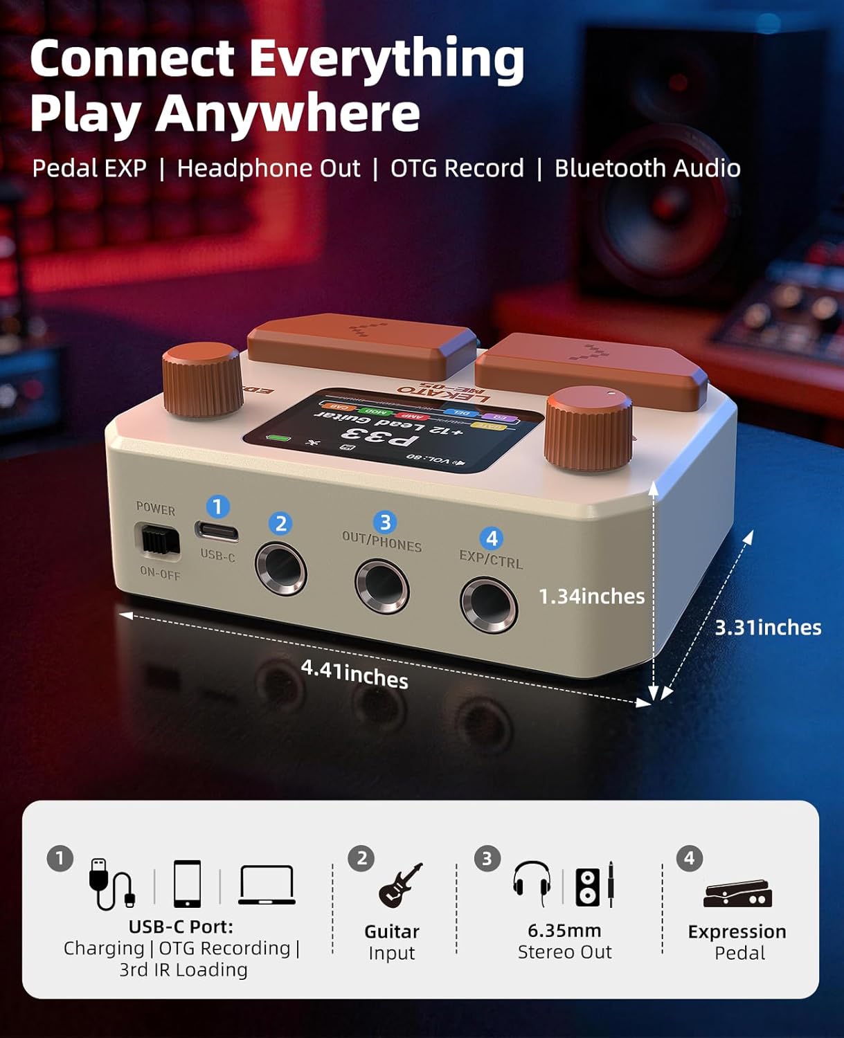 LEKATO Multi Effects Guitar Pedal, with 125 Effects 30 Amp Models & 30 Cab Sims, 40s Looper, Drum Rhythms, Support NAM/IR, USB Audio Interface OTG Function Rechargeable Guitar Effects Pedal (Beige)