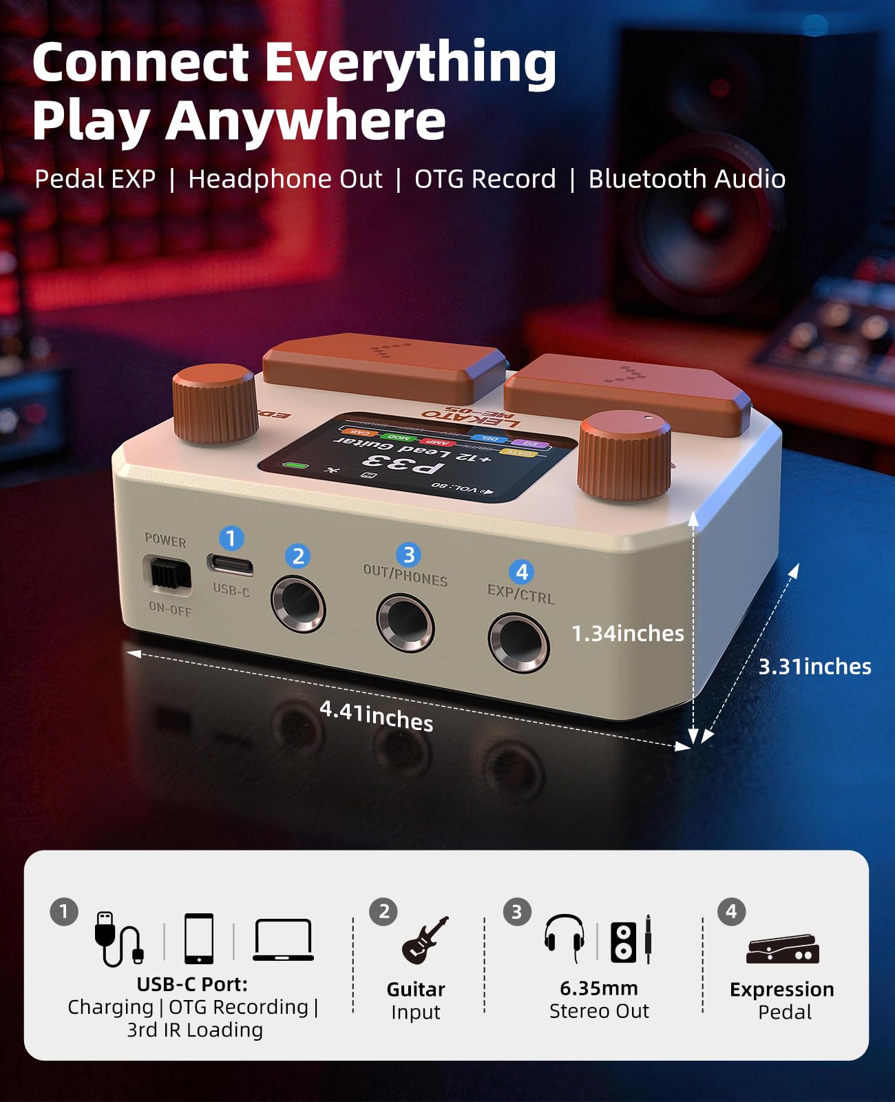 LEKATO Pedale Effetti per Chitarra Basso Processore Multieffetto 10 Moduli Effetto, 99 Preset, 30 Modelli di Amplificatori/Cabinet, Interfaccia Audio USB con OTG e Bluetooth, Display LCD da 2", Bianco