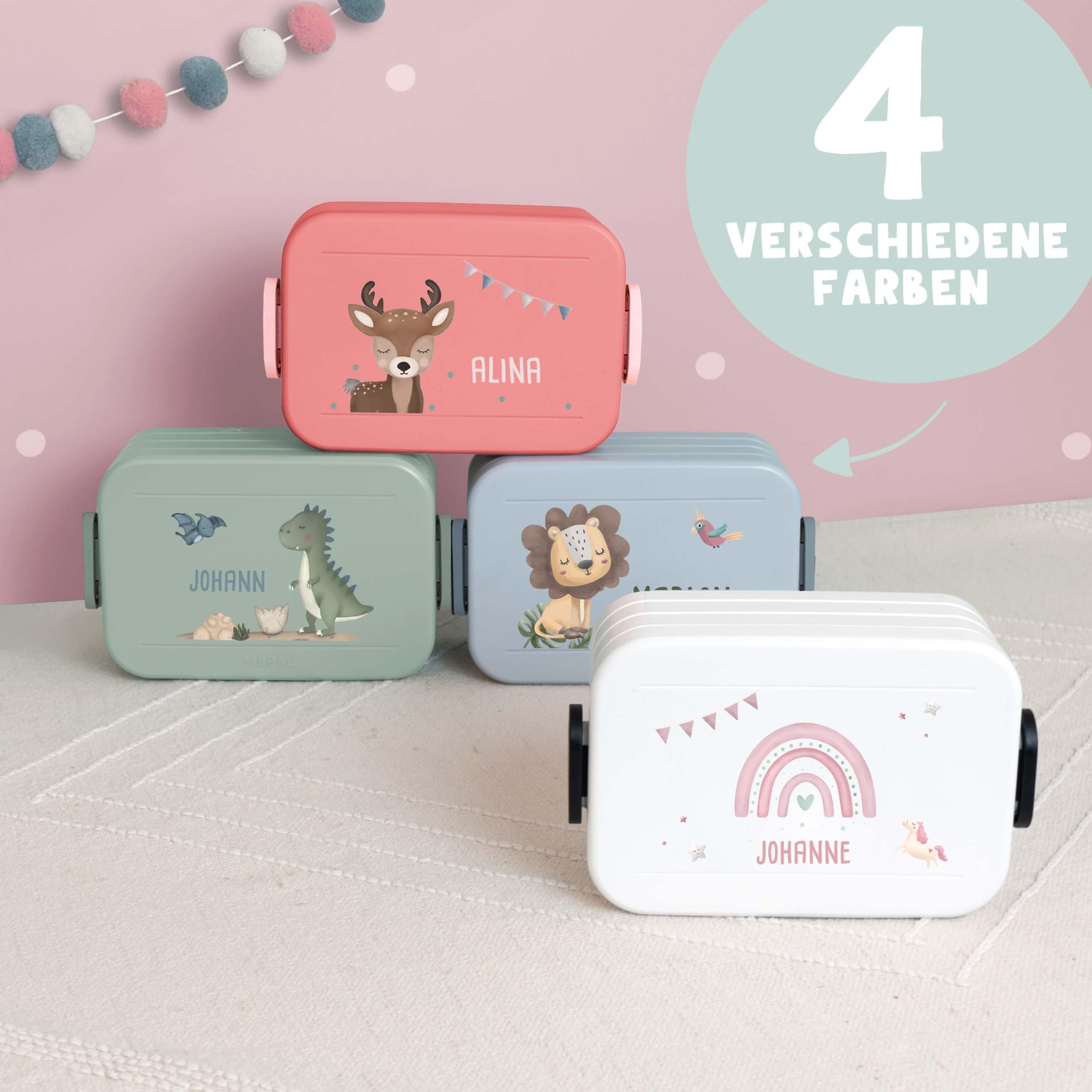 hellomini Mepal Lunch Set | Personalisiert | Mepal Brotdose Kinder & Trinkflasche 500ml | Personalisierte Brotdose & Trinkflasche Edelstahl | Geschenk zur Einschulung (Dinowelt, Box grün)