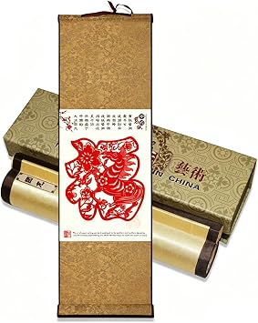 GQHNLUP Chinese Classical Hanging Scroll Painting, Chinese Paper-cutting Style Wall Art, Silk Brocade Mounted Scroll for Study or Home, Gift Banner-14