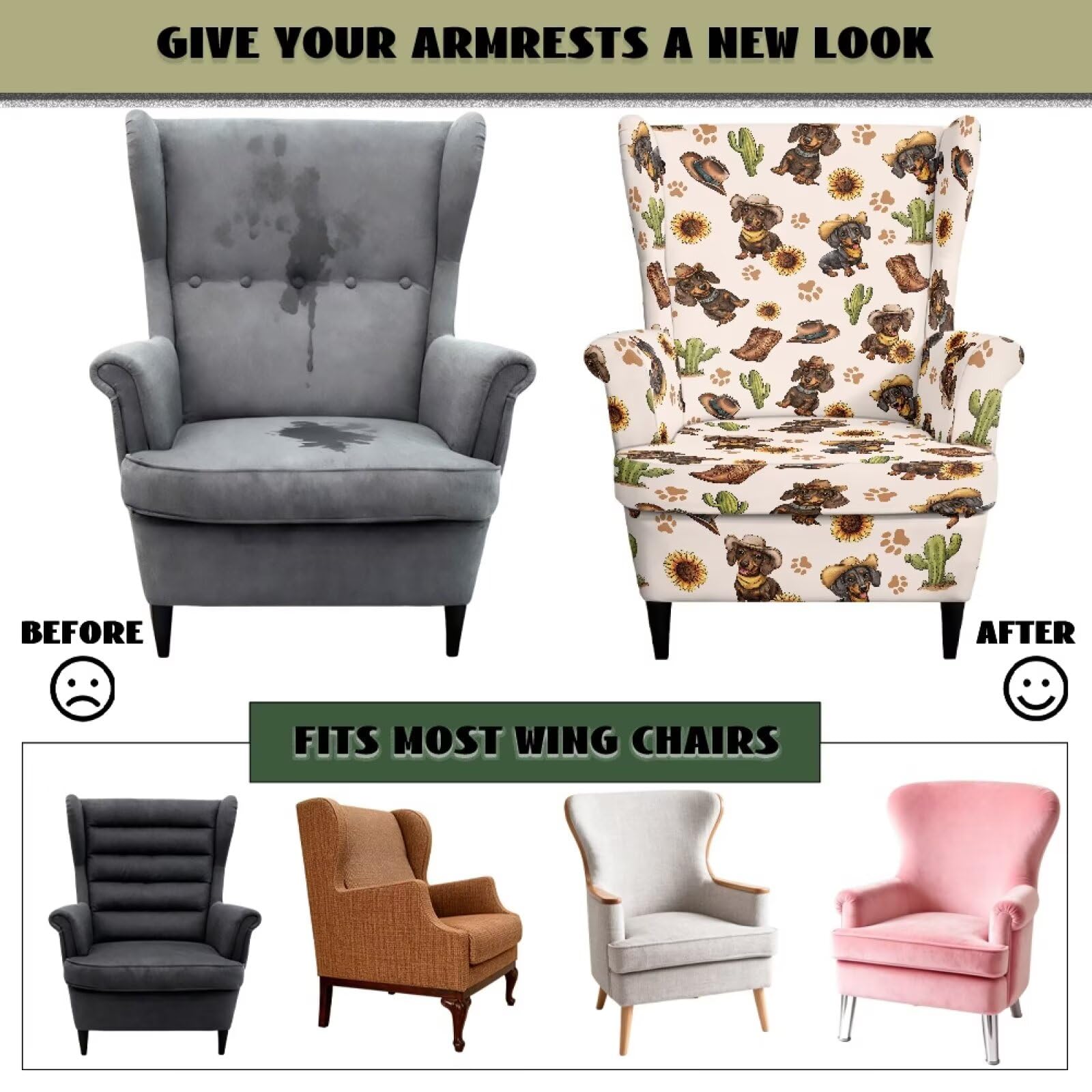Xoenoiee Fundas elásticas para sillón, diseño de perro salchicha, girasol, cactus, 2 piezas, fundas elásticas para sillón, protector antideslizante para muebles para sala de estar
