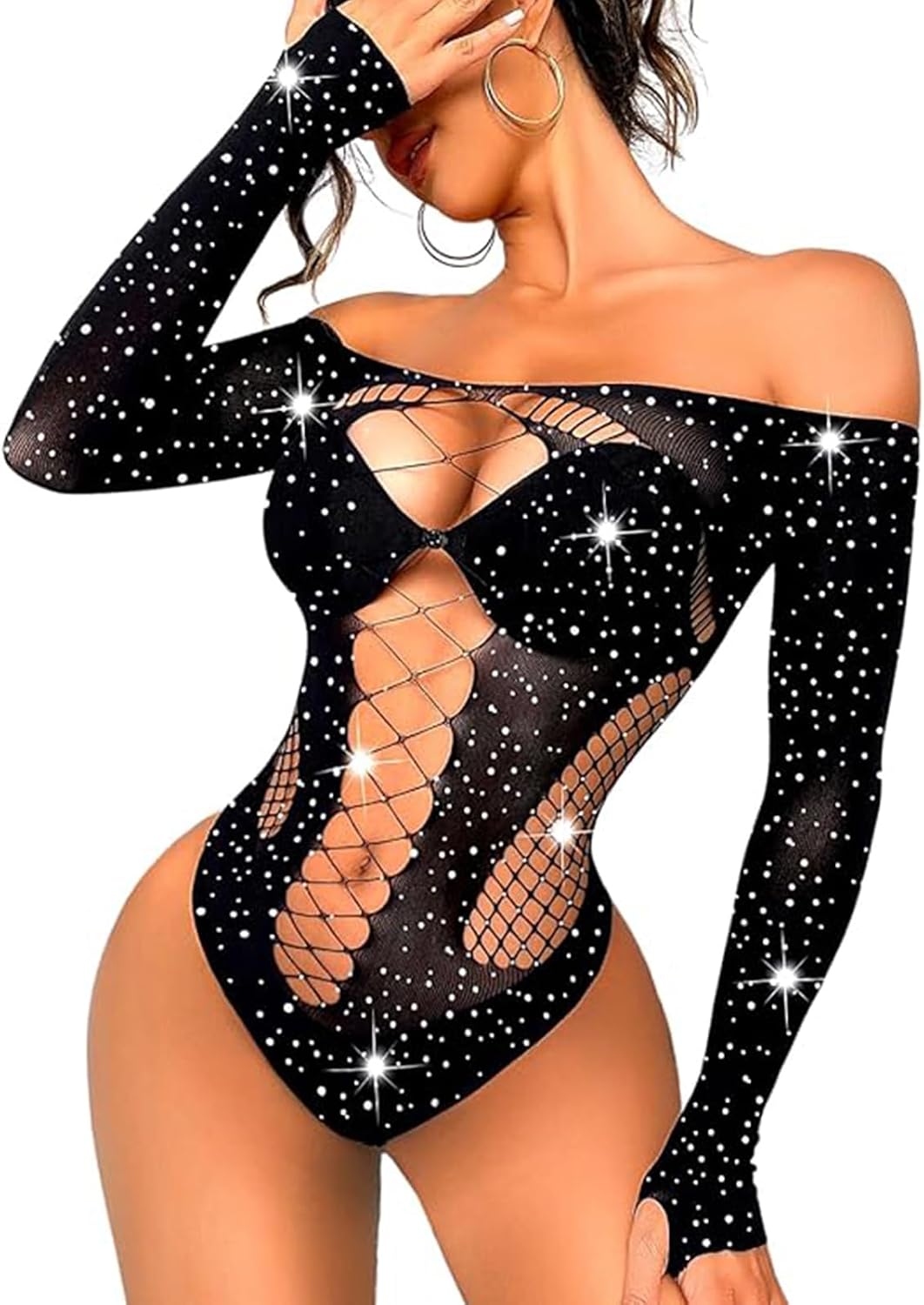 Women's Fishnet Bodysuit Mesh Body Stockings Rave Outfits Exotic Dancer Fishnets Lingerie Glow Party Club
