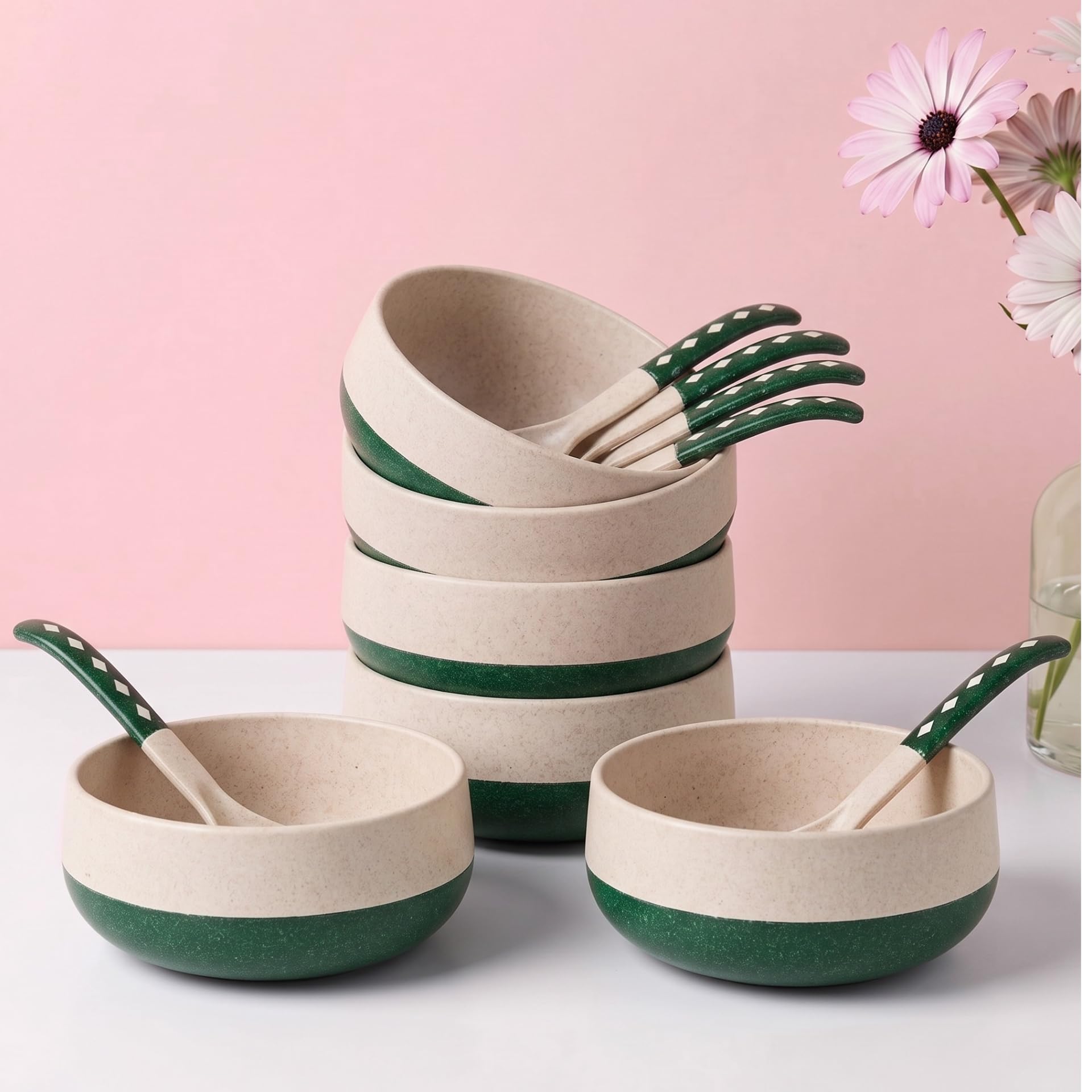 Eha Earth-Friendly Soup Bowls with Spoons Set of 6|250 ml|Made with Rice Husk Biocomposite|Microwave Safe Bowl|Serving Bowl Set, Green And Off White