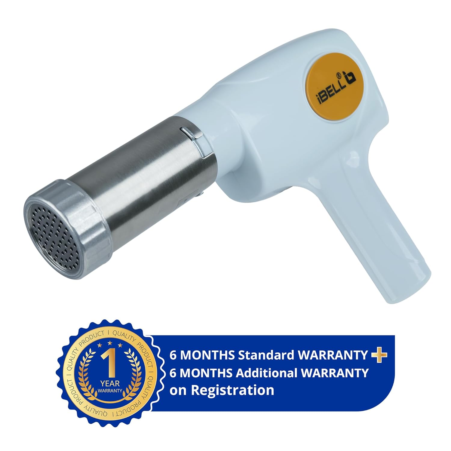 Image showing the iBELL Electric Noodle Maker with a warranty badge indicating 6 Months Standard Warranty + 6 Months Additional Warranty on Registration.