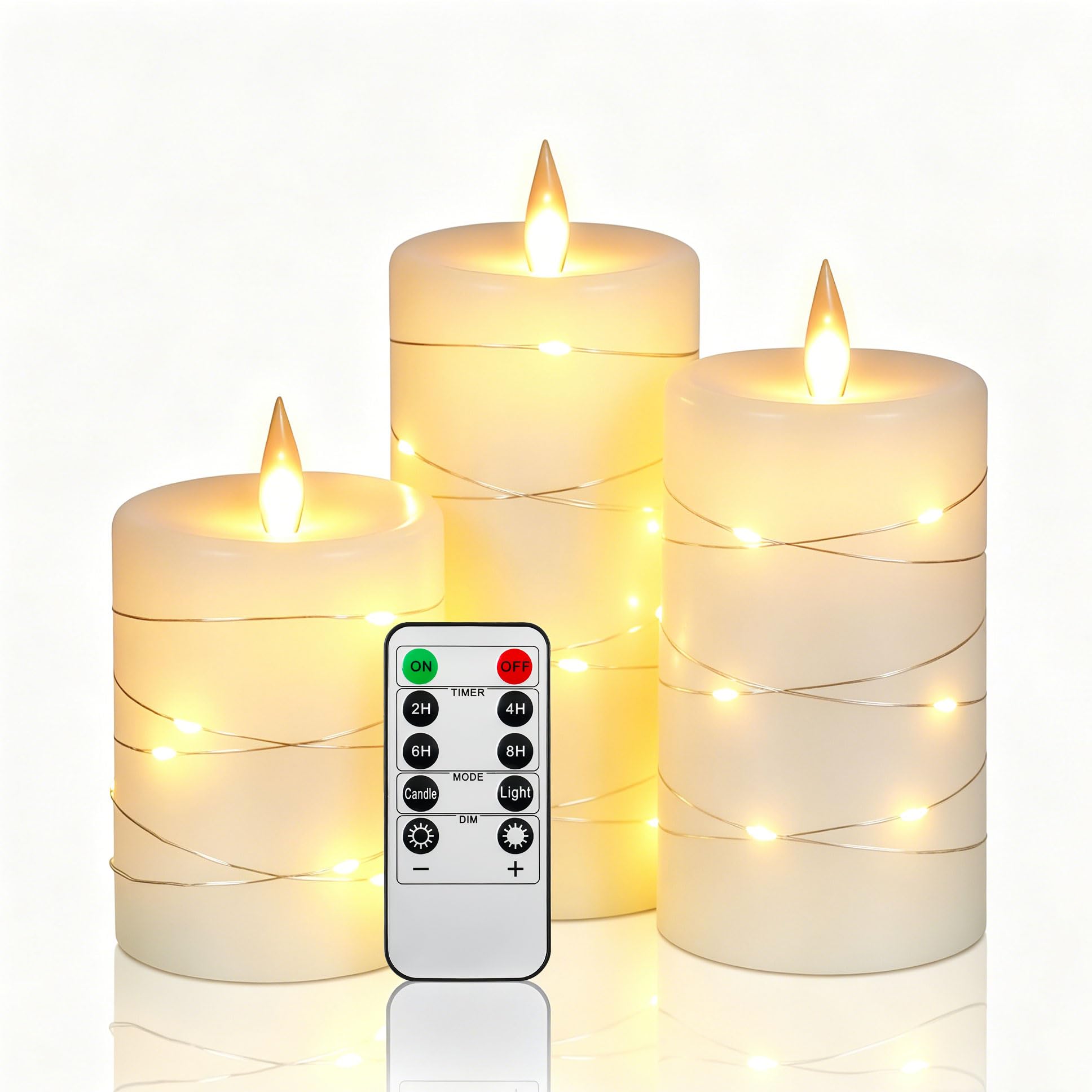 3 Velas LED Marfil con Luces Hada Envolventes, Efecto Llama Parpadeante Realista, 1 Mando, Material de Cera Natural, Tamaños Surtidos, Reutilizables y Ecológicas para Decoración Interior y Exterior