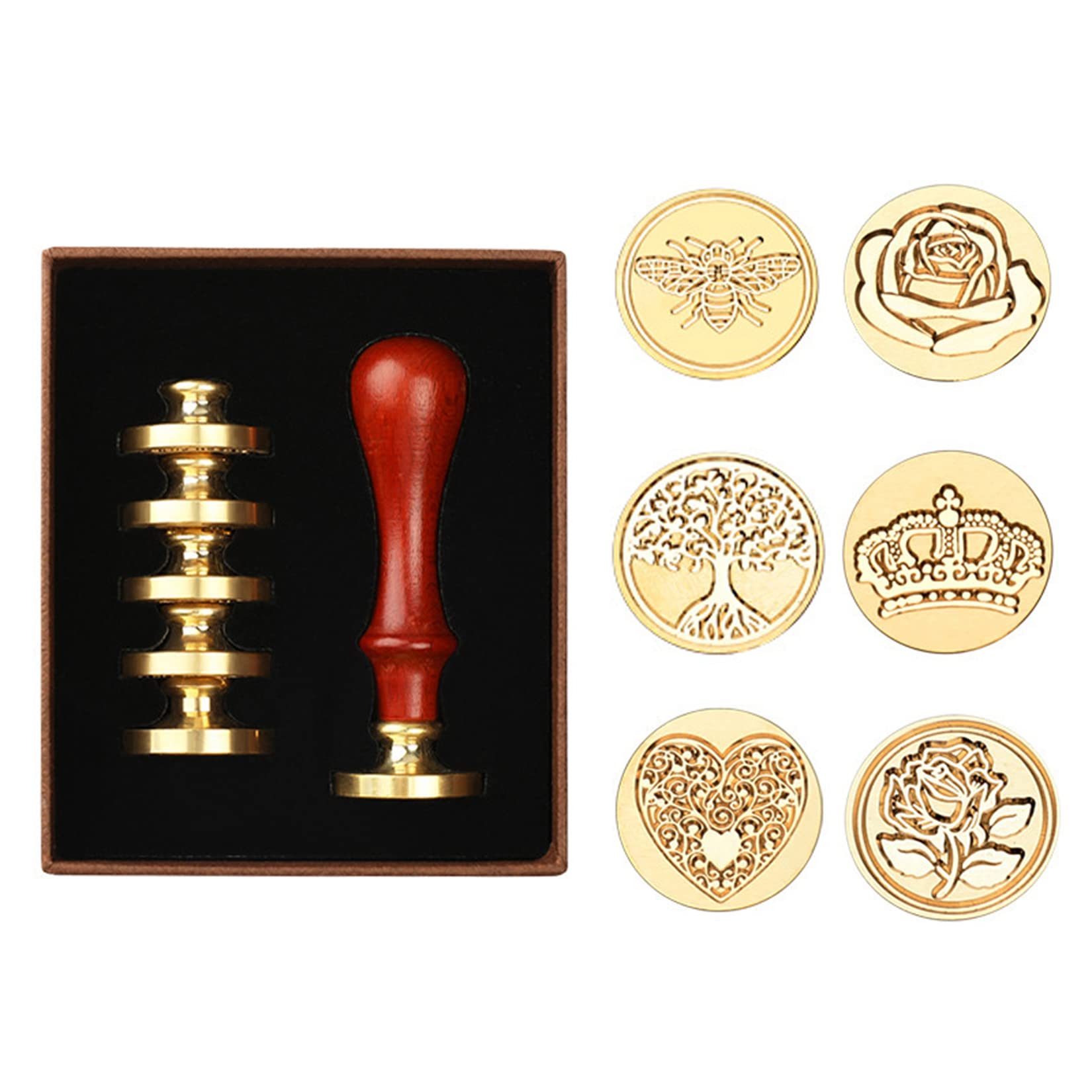 Wax Seal Stamp Set, 6 Pieces Sealing Wax Stamps Brass Heads + 1 Wooden Hilt, Vintage Seal Wax Stamp Kit with Gift Box for Xmas Invitations Envelopes Package(Tree of Life+Bee+Rose+Heart+Crown+Flower)