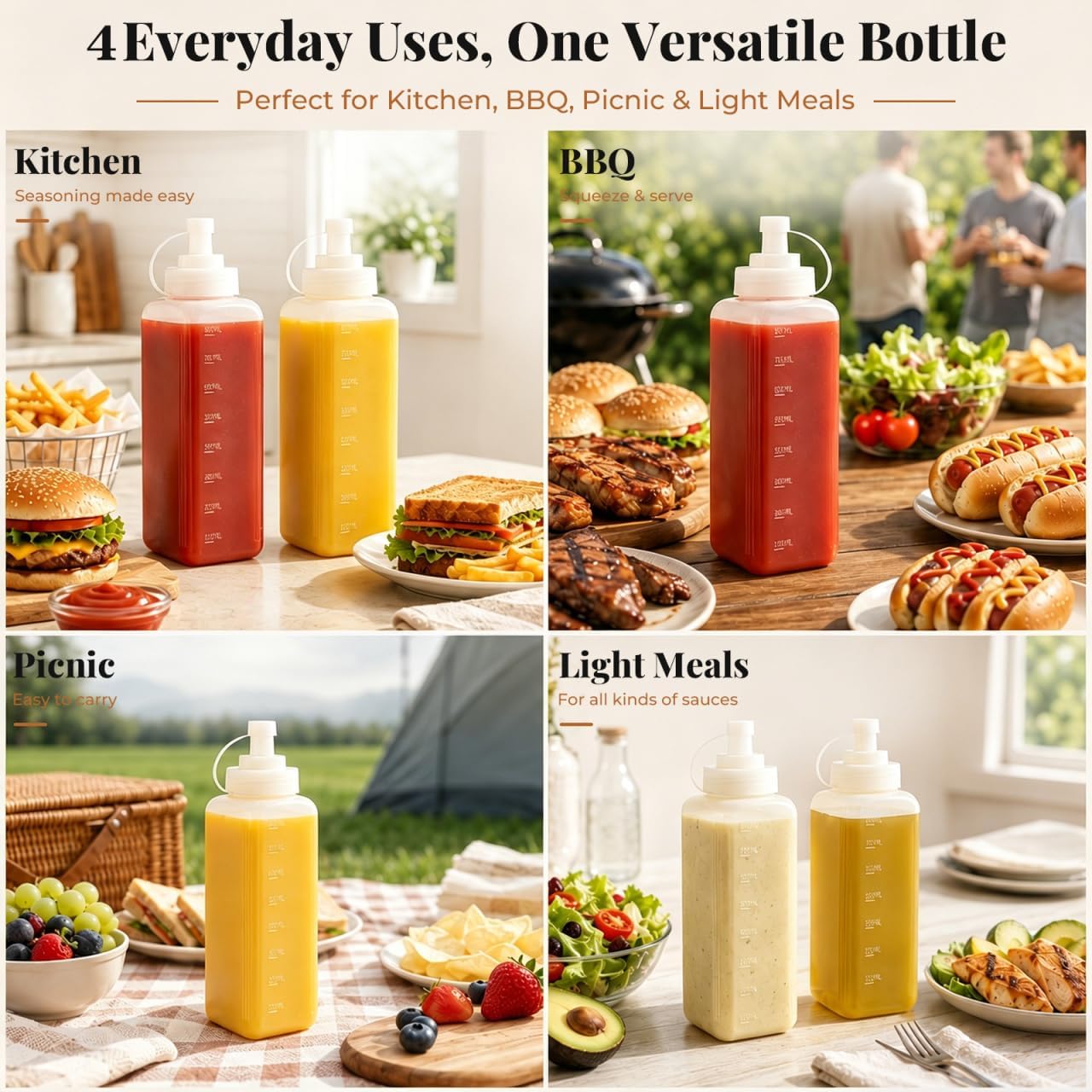 Cabilock 2Pack 27oz Large Squeeze Bottles, Wide Mouth Plastic Condiment Bottles with Caps, Clear Sauce Dispenser for Ketchup, Mustard, Mayo, Hot Sauce, Olive Oil, BBQ and Kitchen Use