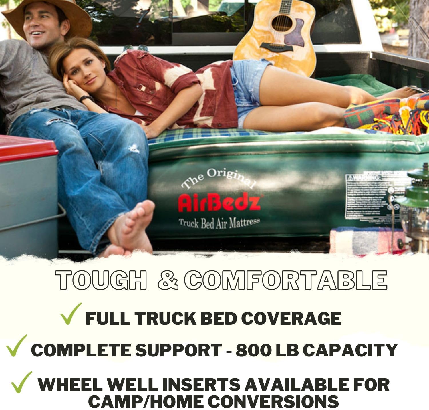 AirBedz by Pittman Outdoors - Lite Full Size Short Truck Bed Air Mattress, Green - 6-6.5' Long, with Portable DC Air Pump
