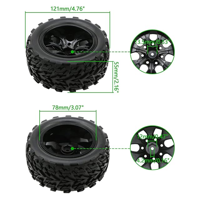 Foto 2 de 7 de Pxyelec Neumáticos de goma para Monster Truck 1:10 RC tipo rueda de coche neumáticos con 7 radios llanta…