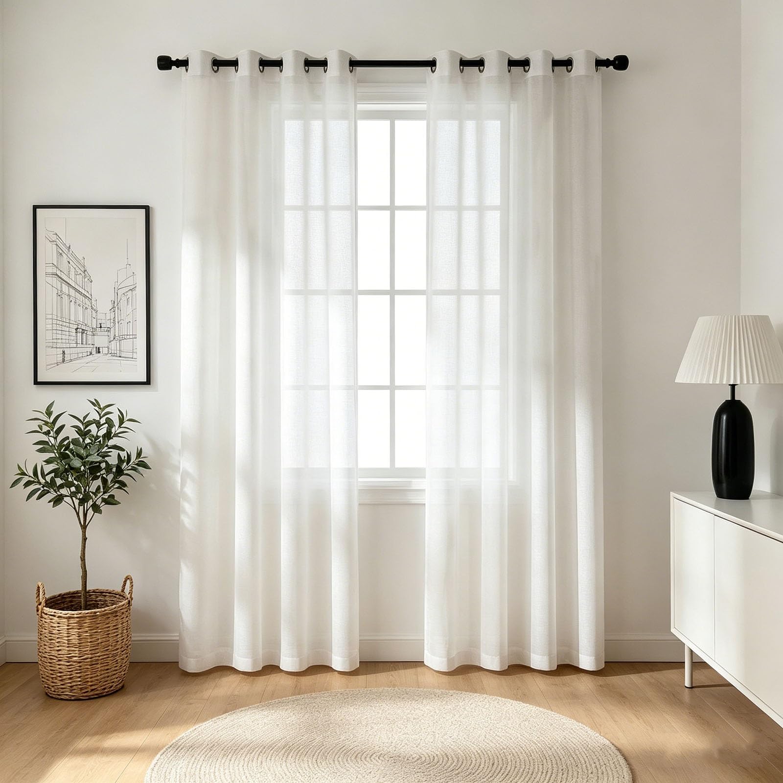 HOKXUAN Semi Transparent Eyelet Sheer Curtain 155 x 130 cm Grommet Light Filtering Airy Breathable Eyelet Top Net Curtains for Windows for Bedroom, White