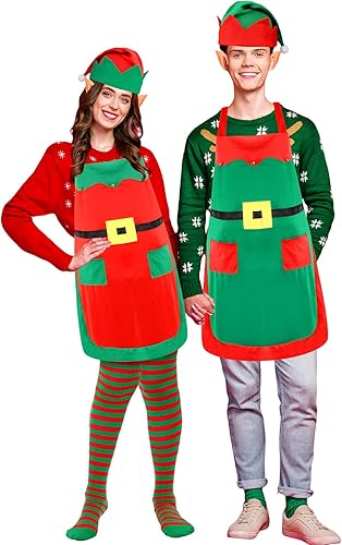 Miniatura 6 de Suhine Juego de 8 accesorios de disfraz de elfo de Navidad, delantal de elfo rojo y verde, medias a rayas, sombrero de elfo, orejas de elfo para