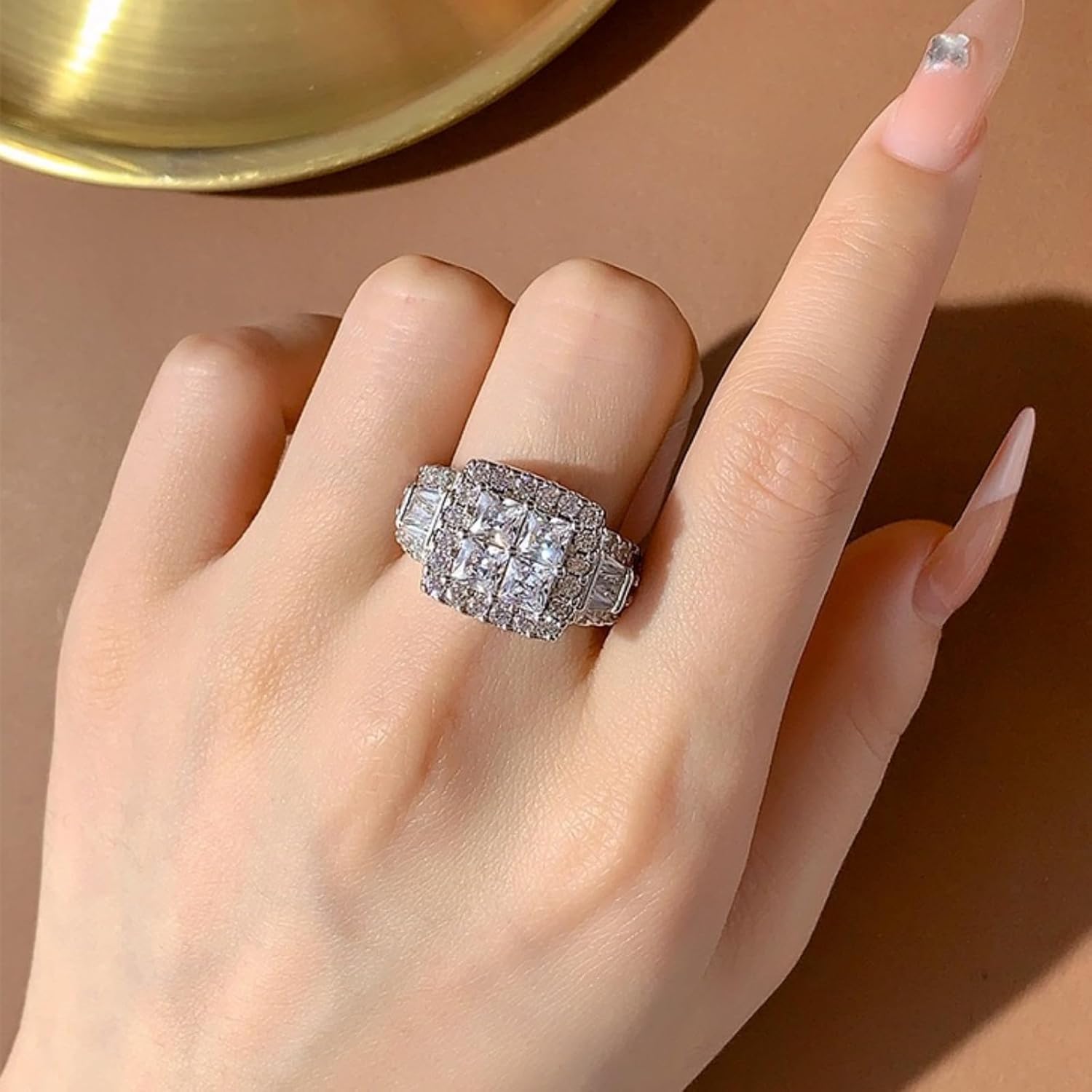 Cubic Zirconia Engagement Rings for Women Wedding Ring 18K Gold Princess Cross Anniversary Ring Size 6-10