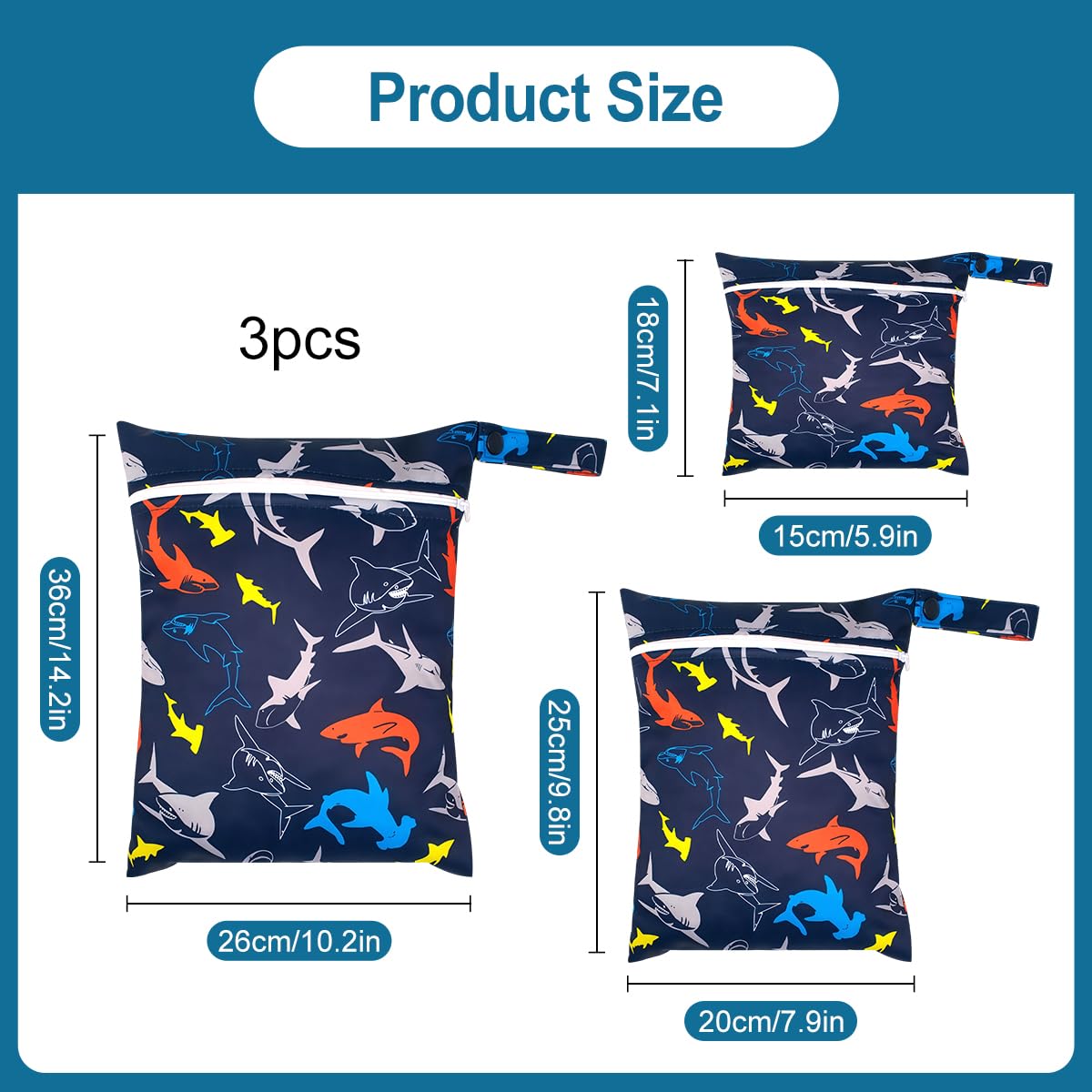 3 Pièces Réutilisable Pochette Humide et Sèche, 26x36cm Sac à Langer de Voyage Plage Piscine, Sacs à Couches Lavables, avec Fermeture éclair, Idéal pour Vêtements, Affaires bébé, Natation, Gym