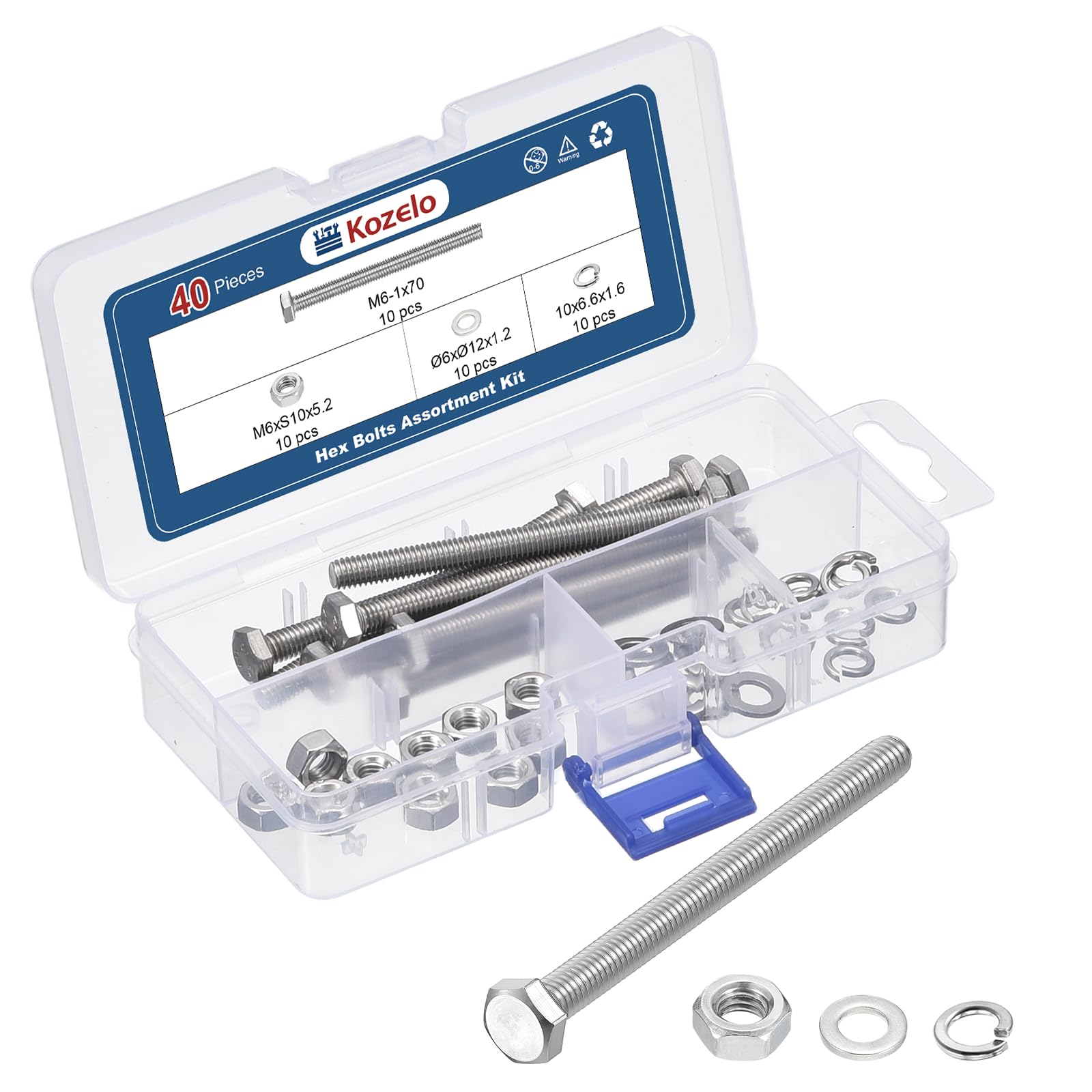 Kozelo 40 Pcs Bolts and Nuts Washers Kit - [M6-1x70] 304 Stainless Steel Hex Tap Bolt Assortment Fully Threaded Hexagon Head Machine Bolts Right Hand External Hex Drive, Silver Tone — image 1