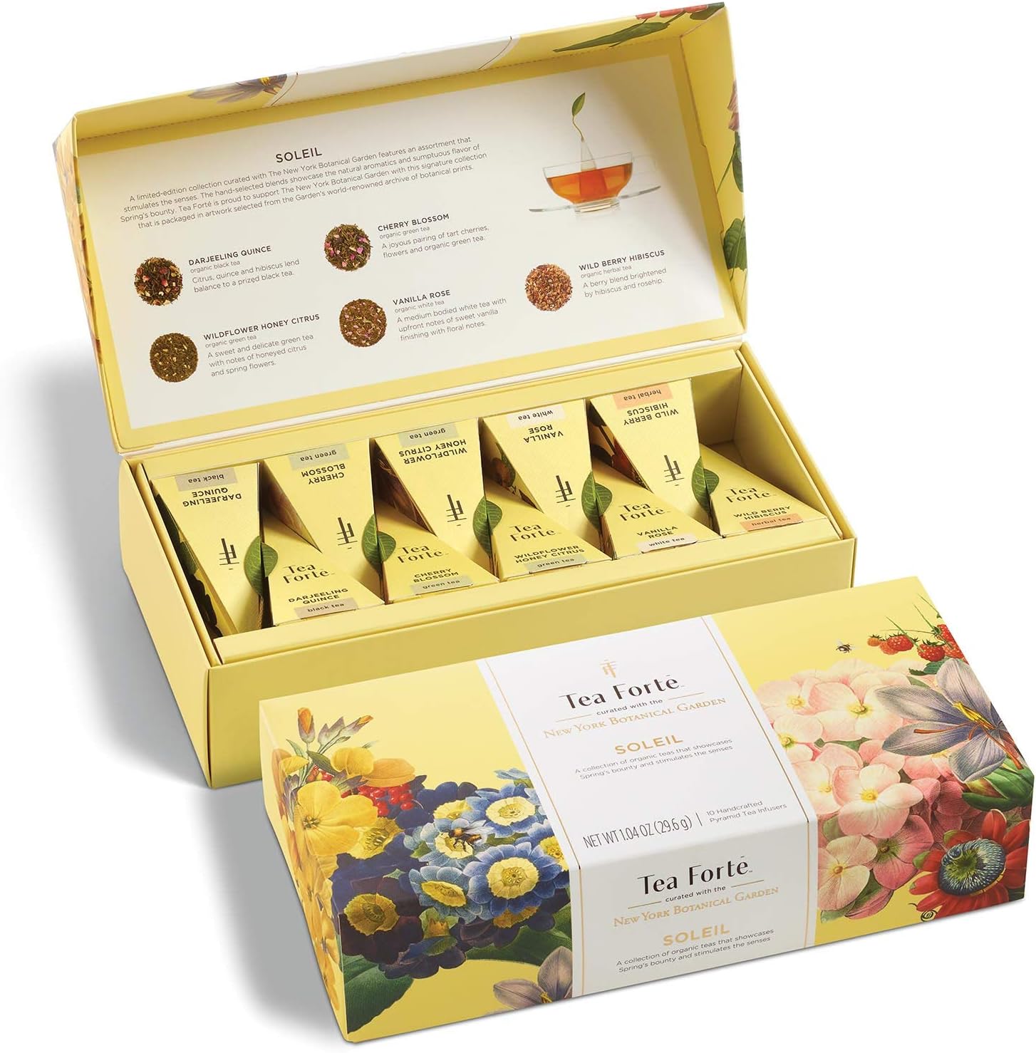 Tea Forte Soleil Petite Presentation Box Tea Gift Set Sampler, 10 Count, 2 of Each Variety Individually Wrapped Handcrafted Pyramid Infuser Bags