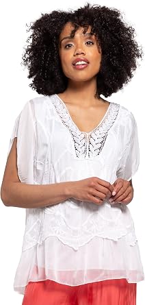 M Women's Embroidered Short Flare-Sleeve V-Neck Blouse, White, Large