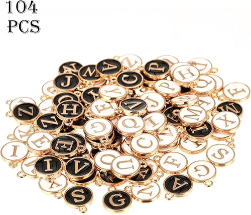 Miniatura 6 de Hicarer 104 cuentas de letras mixtas de metal esmaltado, dije de letra inicial de doble cara A-Z para hacer collares, pulseras, joyas, Aleación de