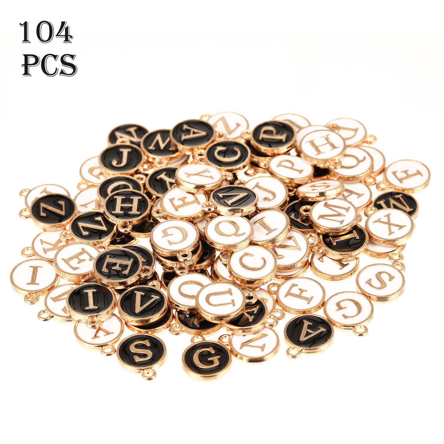 104 cuentas de letras mixtas de metal esmaltado, dije inicial de doble cara, dije con inicial de la A a la Z, dije del alfabeto para hacer collares, pulseras y joyas, Aleación de metal con 6
