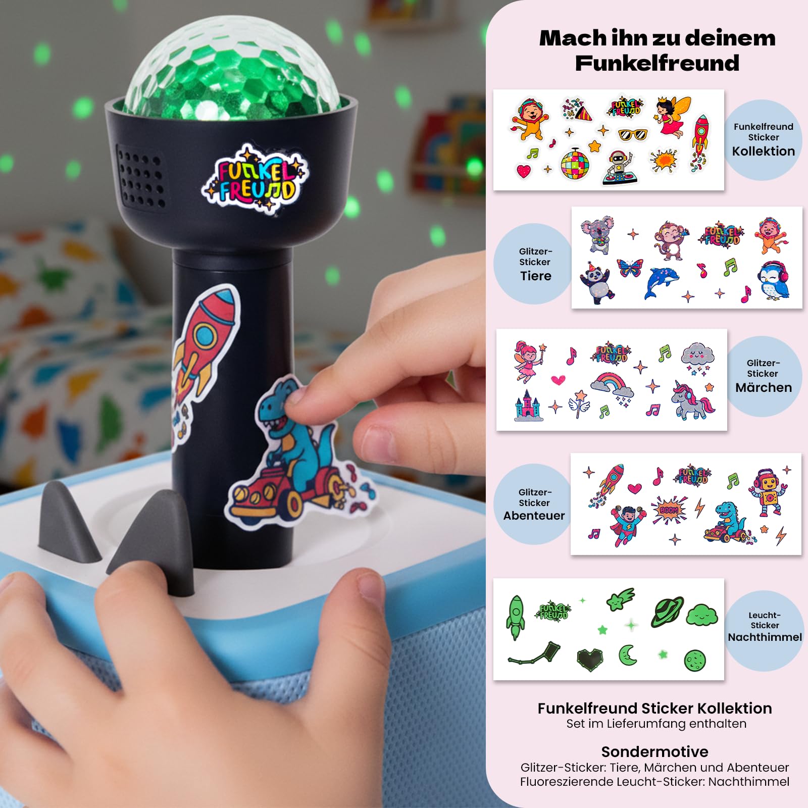 LED Licht für die Toniebox musikgesteuert | Kinderdisco & Nachtlicht | Kompatibel mit Toniebox 1 & 2 | Kabellos, Magnetisch, Ohne App | für Kinder ab 3 (Kinder-Diskolicht + Sticker)