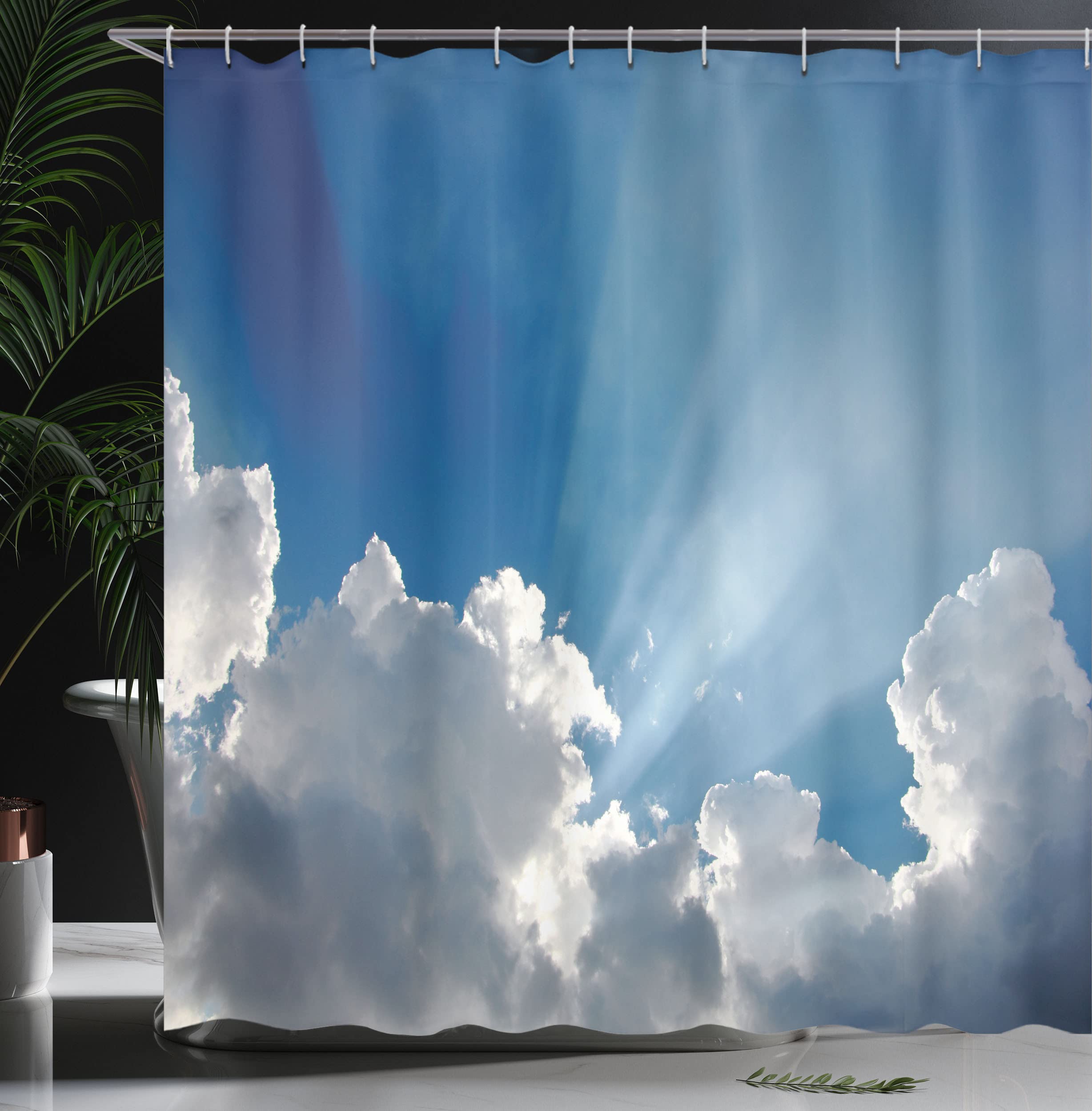 ABAKUHAUS Landscape Shower Curtain, Sky Clouds Sun Rays, Cloth Fabric Bathroom Decor Set including Hooks, 94 Inches, Blue White - Image 3