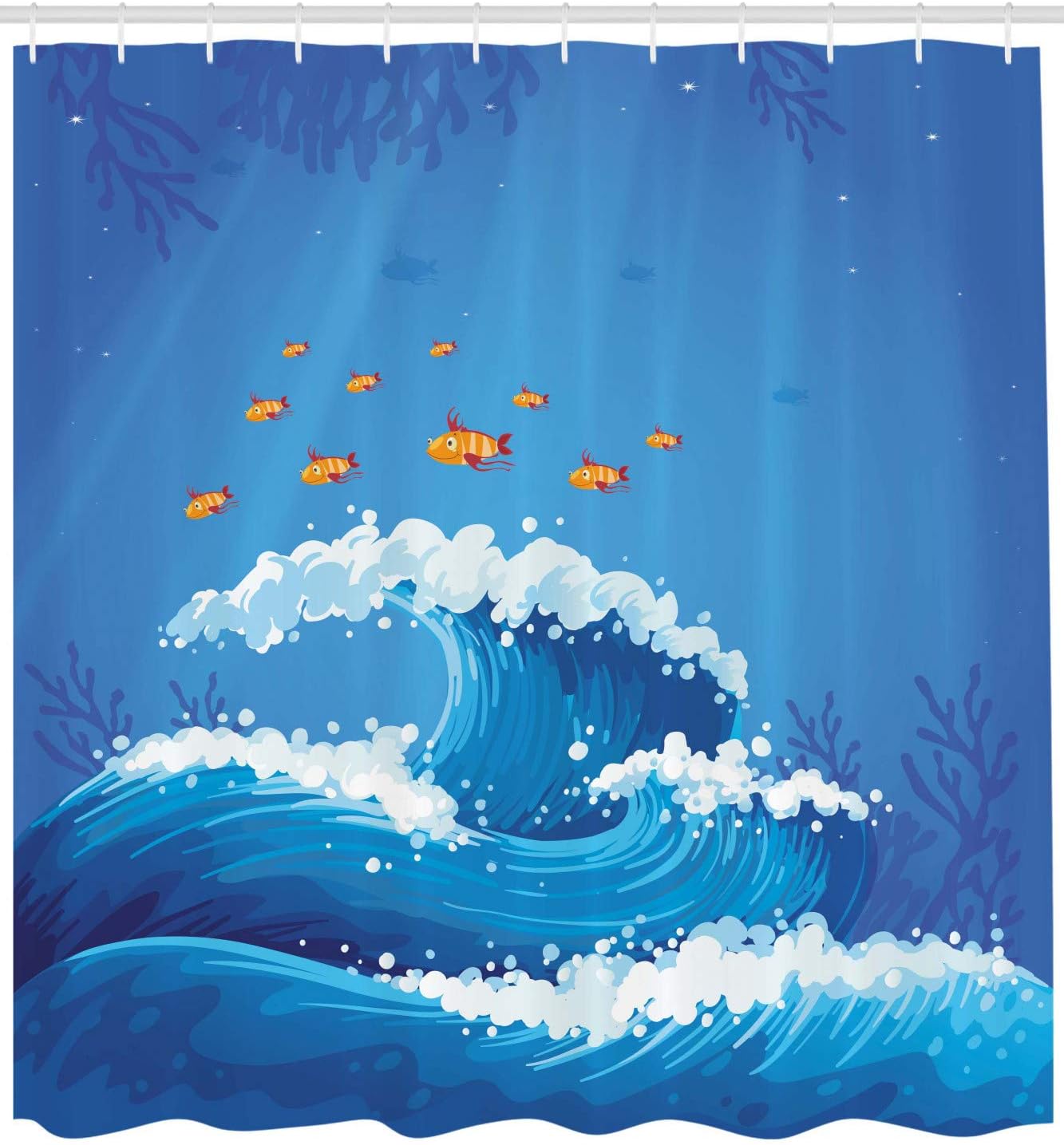 Ambesonne Marine Shower Curtain, Underwater with Group of Fish and Wave in The Ocean Coral Reef Illustration, Cloth Fabric Bathroom Decor Set with Hooks, 69" W x 75" L, Blue Orange