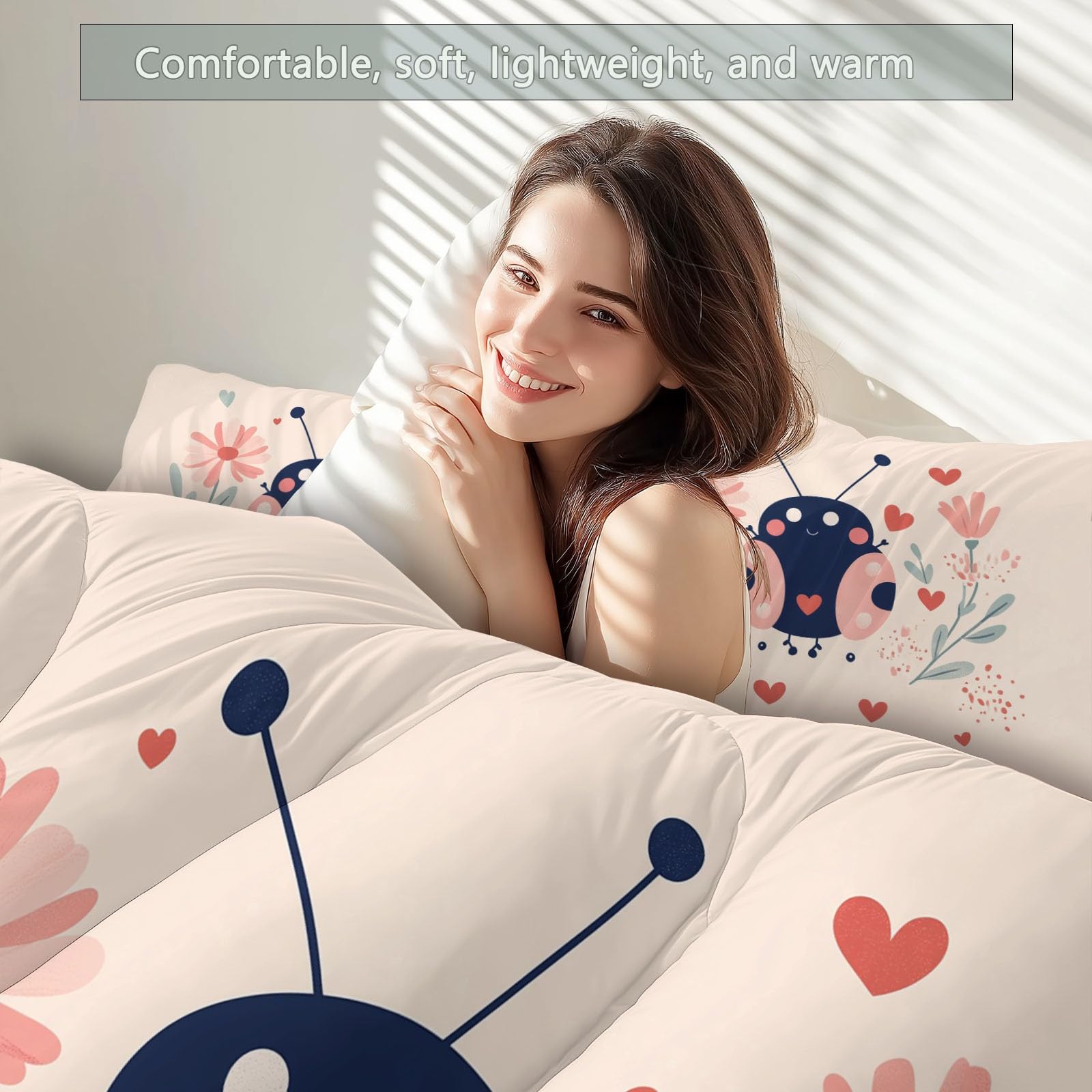 Lindos Insectos De Dibujos Animados Edredón nórdico de Microfibra 155x220 cm – Relleno nórdico 4 Estaciones – Ultra Suave Ligero, Reversible y Transpirable, Rosa Claro