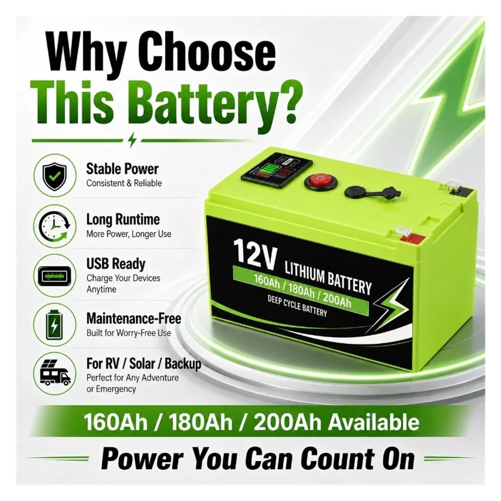 Batteria 12V 160Ah 180Ah 200Ah LiFePO4 Display USB | Port Deep Cycle for pacco batteria di backup UPS da campeggio solare for camper(1PC 160AH)