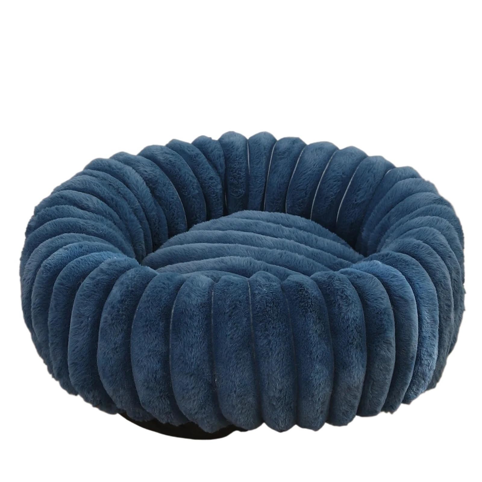 Lit rond pour chien et chat en peluche longue bleu fonce taille XL 70 cm