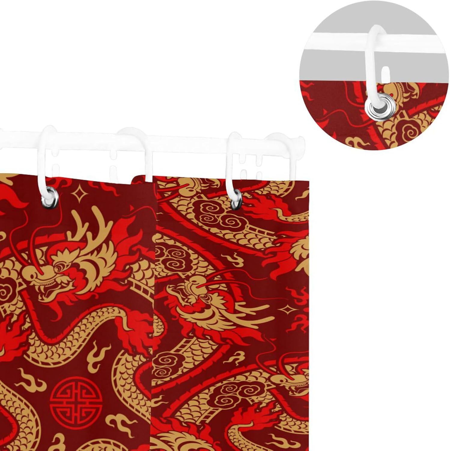 72x72 Inch Water Proof Material Bath Curtain with Stuff Machine Washable Shower Curtains Liner for Bath Chinese Red Dragon