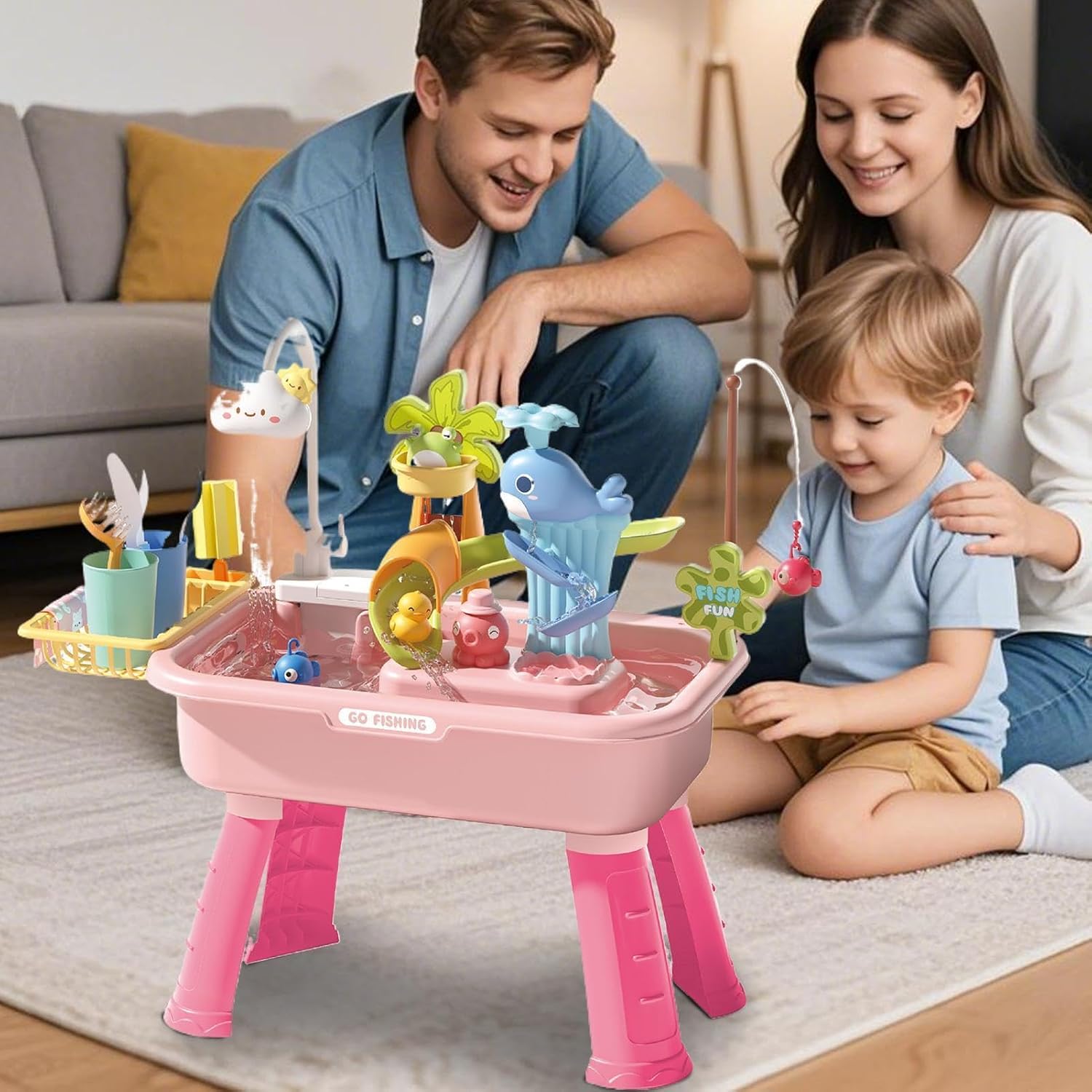 Water Table - Kids Outdoor Play Sink Set, 4 in 1 Pretend Kitchen Activity Toy with Electric Faucet Circulating Water Feature, Interactive Learning Function, Ideal for Beach Backyard Picnic Garden Play