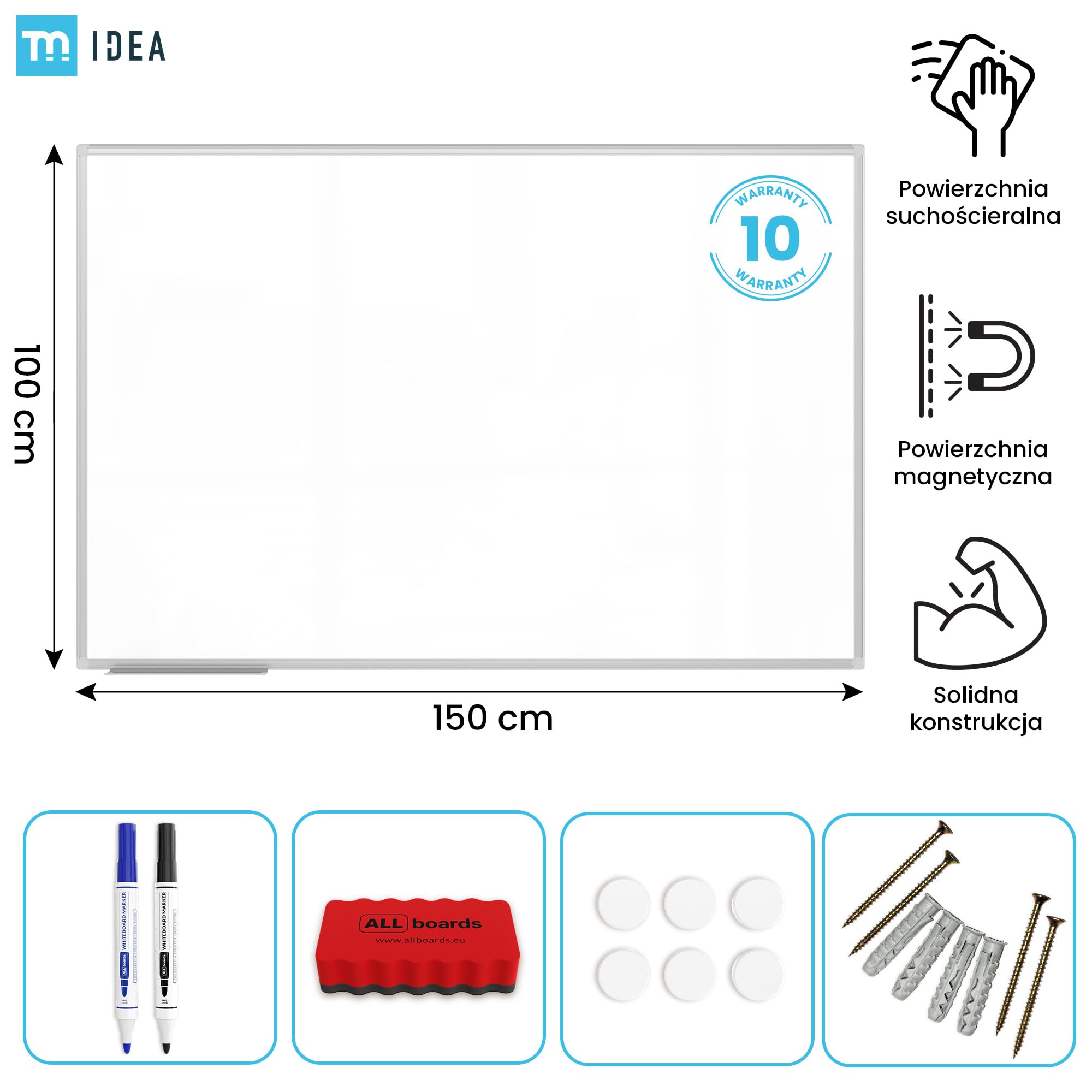 ALLboards Tableau blanc magnétique 150x100 cm avec cadre en Whiteboard aluminium + accessoires – Série TM IDEA® Flex