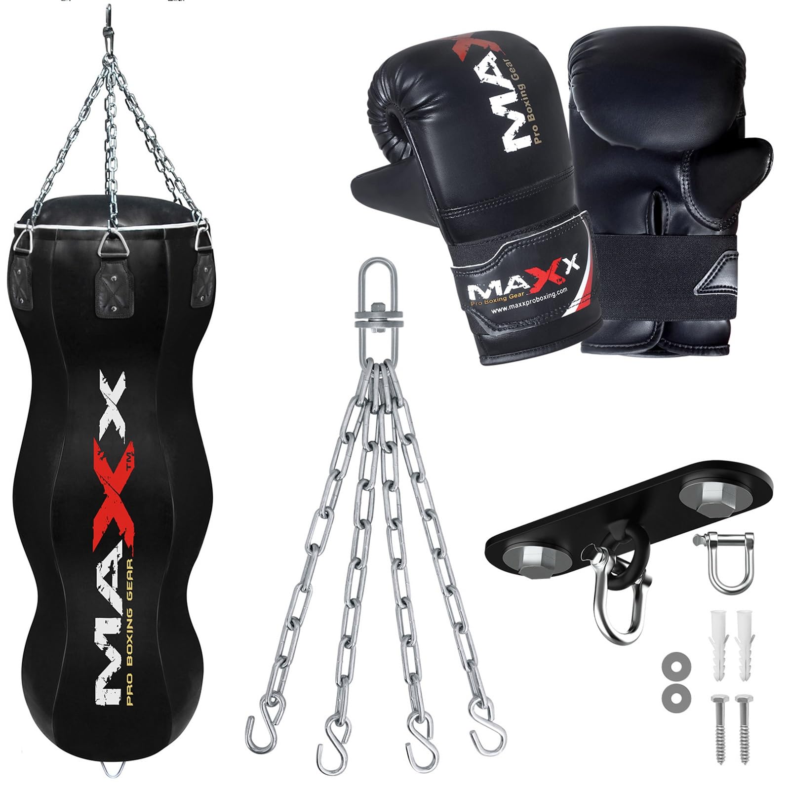 MAXX Triple Body Bags 4FT Punch Bag Set with Ceiling Hook & Wall Bracket – Durable, Heavy Duty Boxing Set for Home or Gym Training, Perfect for Fitness (BLACK, BAG WITH HOOK AND MITS)
