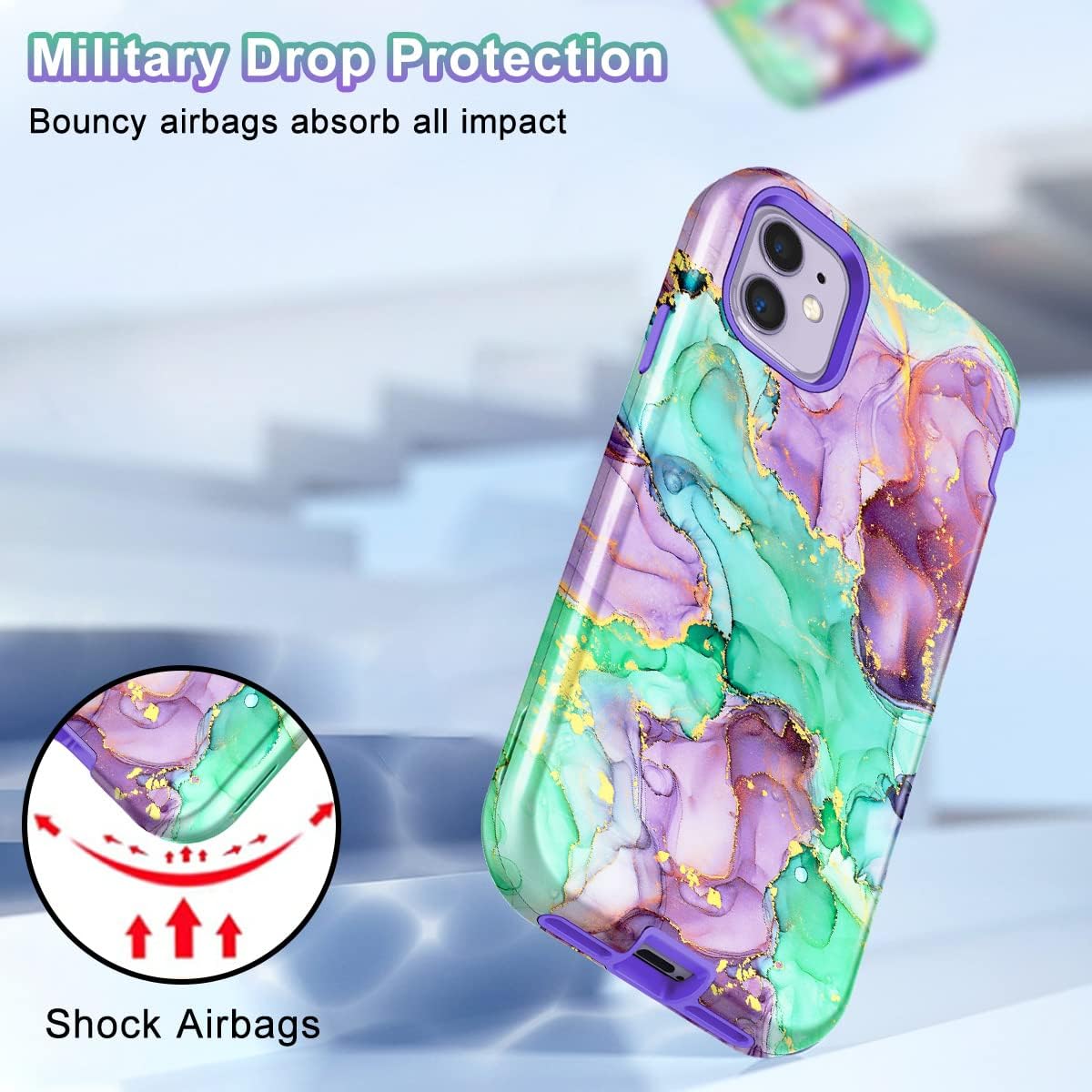 CASEFIV Compatible with iPhone 11 Case,Marble Pattern 3 in 1 Heavy Duty Shockproof Full Body Rugged Hard PC+Soft Silicone Drop Protective Women Girls Cover for iPhone 11 6.1 inch, Purple Green