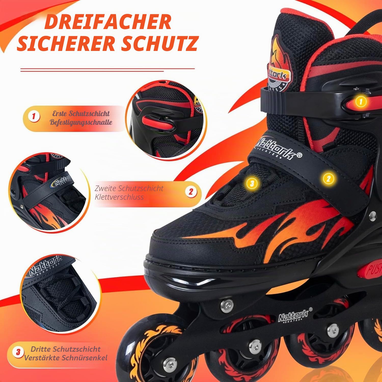 Nattork Adjustable Inline Skates for Kids and Teens, Nezha Inferno Skates Indoor and Outdoor Blades Rolle for Boys Girls Youth Aged 6-16, Adult Beginners Flame Style
