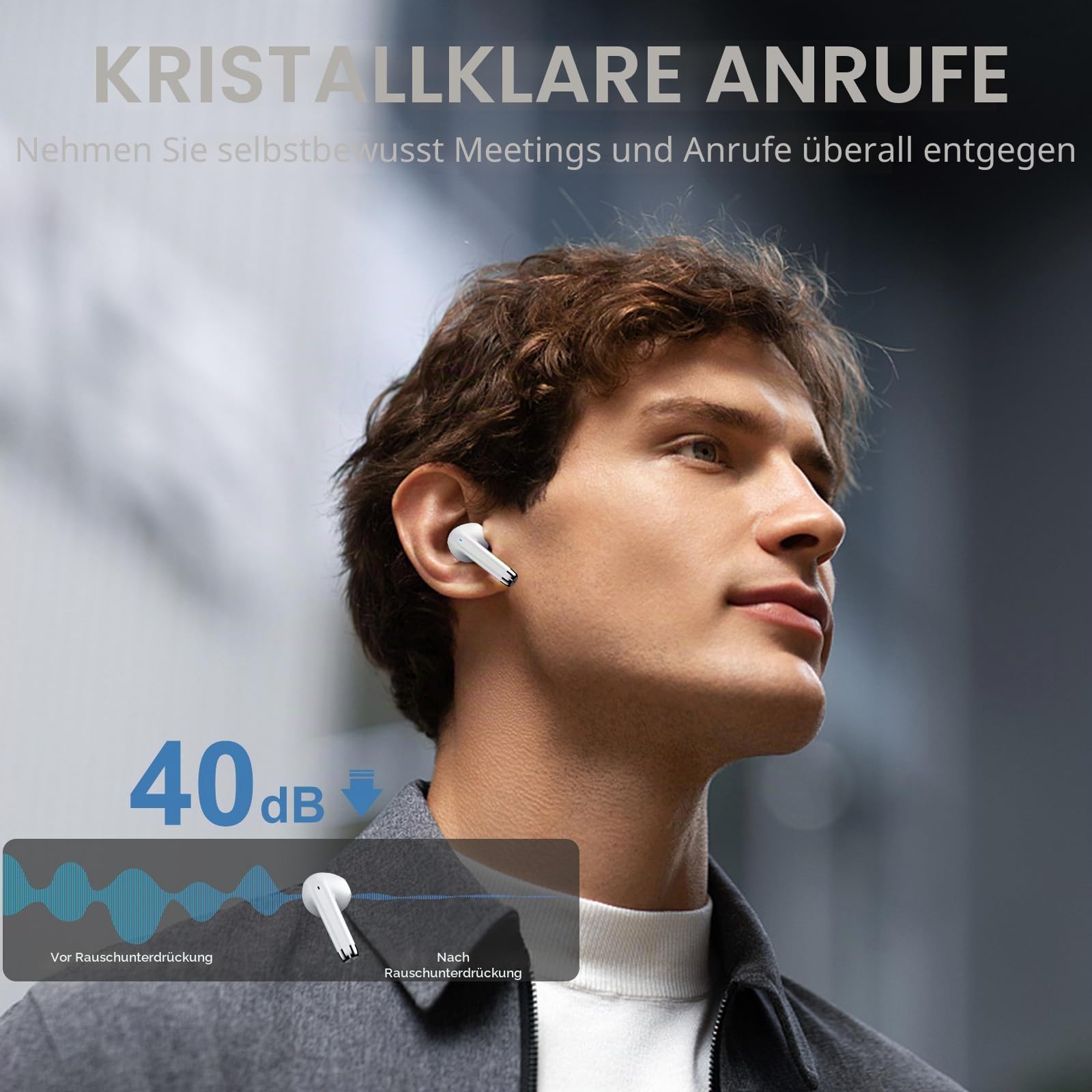 Bluetooth Kopfhörer, 2026 Neu In Ear Kopfhörer Kabellos Bluetooth 5.3 mit 4 ENC Mic, HiFi Stereo Noise Cancelling Wireless Earbuds, 40H Spielzeit LED-Anzeige, IP7 Wasserdicht Sport Ohrhörer USB-C Weiß