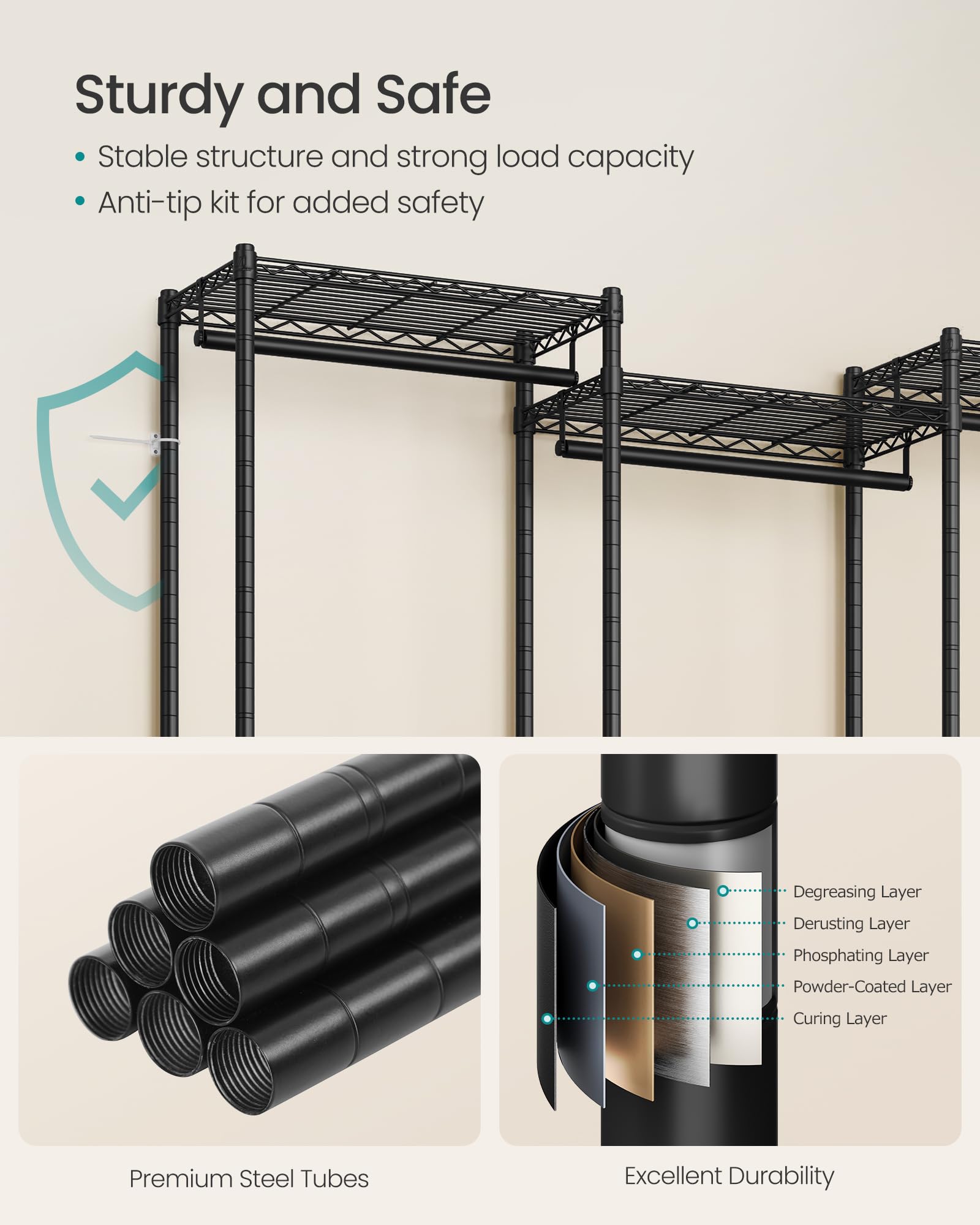 SONGMICS Robuster Kleiderständer, tragbarer Schrank, 170 cm breit, mit verstellbaren Netzablagen und Kleiderstangen, Tintenschwarz ULGR433B01