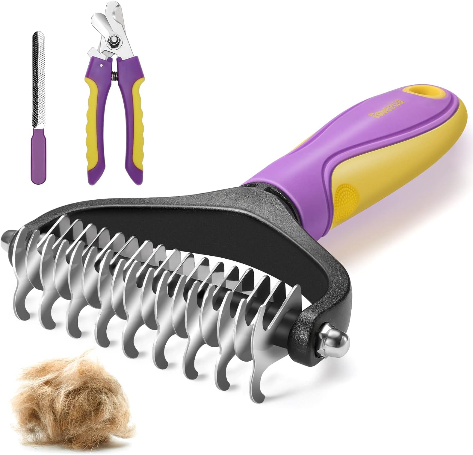 Pet Grooming Brush - Double Sided Shedding Dematting Undercoat Rake Comb - Deshedding Brush for Dogs and Cats, Mats & Tangles Removing, Pet Nail Clippers Grooming Tool 3 PCS kit, Extra Wide