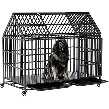 52 Inch Heavy Duty Dog Crate Extra Large Dog Cage Kennel, Indestructible XXL Dog Crate with Open Roof Top, Trays and Wheels, Escape-Proof for High Anxiety Giant Dogs