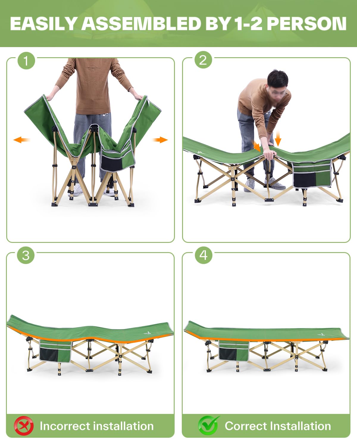 Sportneer Lit de Camping Extra Large de 188 x 71,1 cm pour Adultes avec Poche latérale, Support de lit de pêche de 204,1 kg, Lits de Camping pour l'extérieur, Voyage, lit de Camp Pliable pour