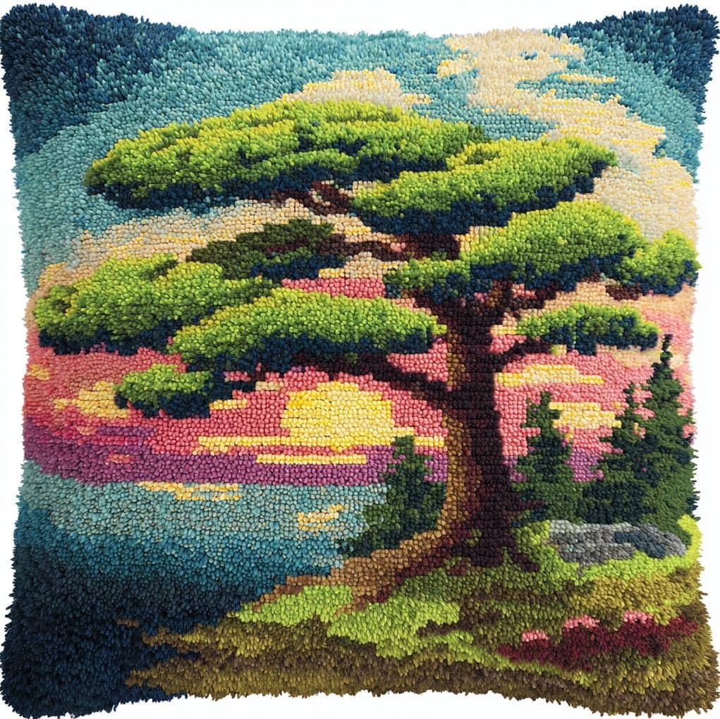 WallustrioaW Latch Hook Cushion Cover Kit,Sunset Pine Tree Landscape