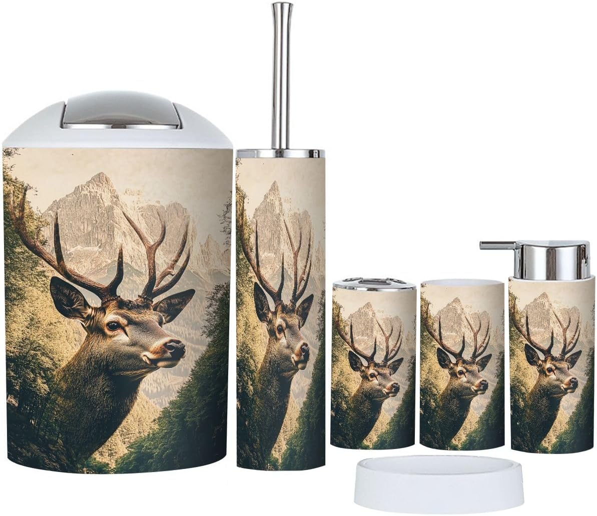 Bathroom Accessory Set 6 Piece Boho Sunlit Deer Verdant Forest Nature Inspired Artwork Trash Can, Toothbrush Holder, Soap Dispenser, Soap Dish, Toothbrush Cup, Toilet Brush Holder