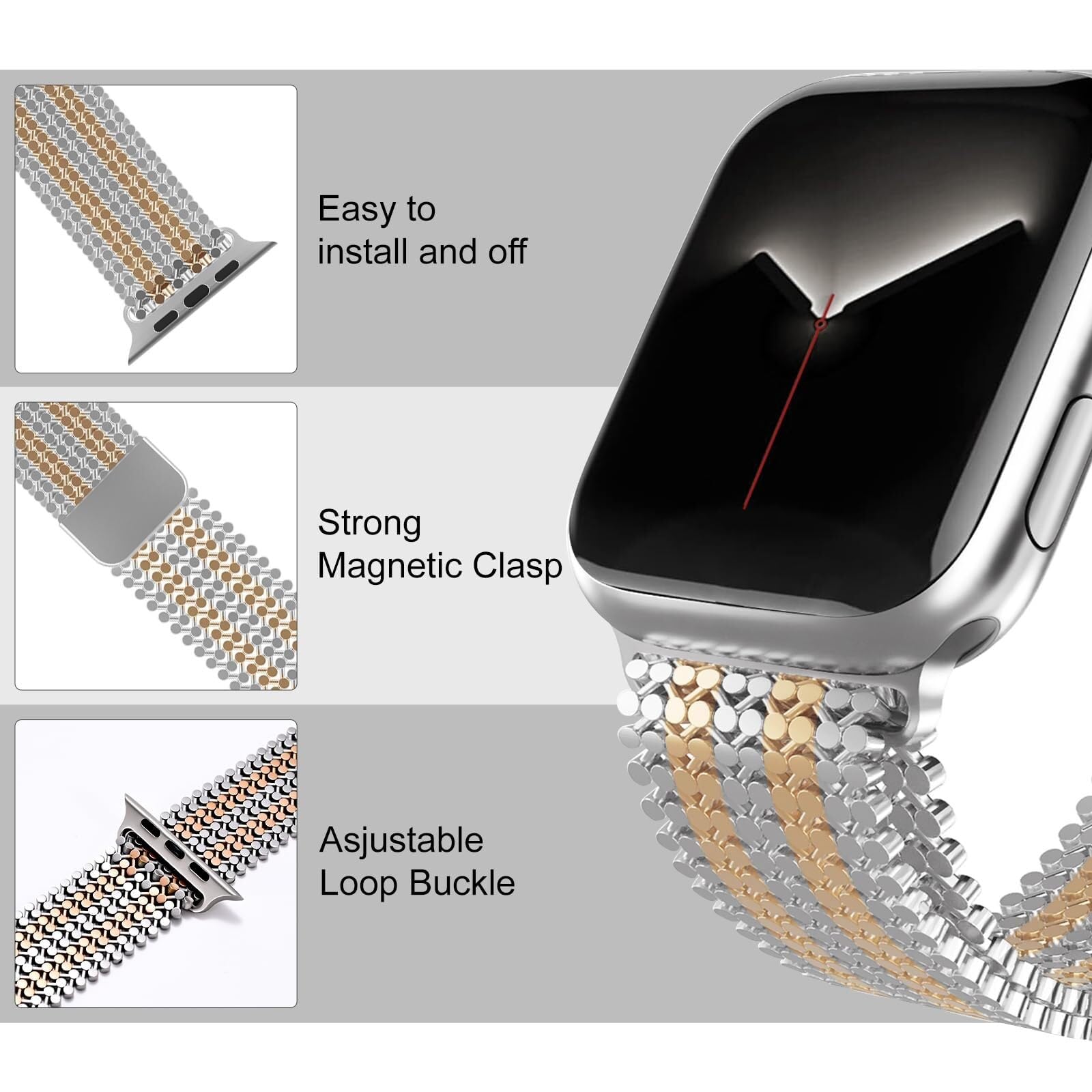 Pasek do zegarka ze stali nierdzewnej, do zegarka Apple Watch Band 38/40/41 mm, dla kobiet i mężczyzn, paski do smartwatcha, regulowany pasek, magnetyczne zapięcie, struktura molekularna, opaska