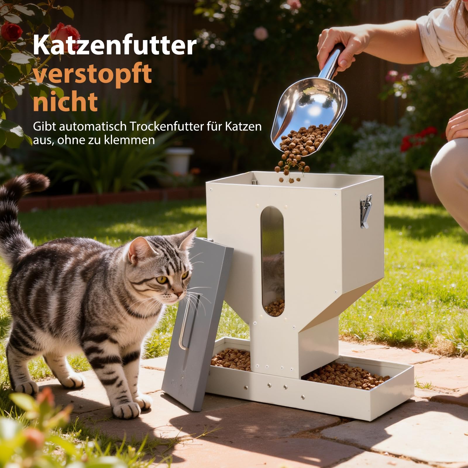 Futterautomat Katze 2 Näpfe, Trockenfutterspender für Katzen, 10l, Metall, Futterspender für Katzen und Kleine Hunde, Leicht zu Reinigen