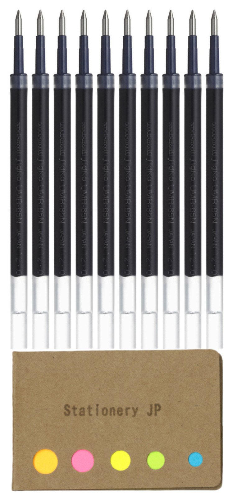 UMR-85N Refills for Gel Ink Ballpoint Pen, 0.5mm, Black Ink, 10-Pack, Sticky Notes Value Set