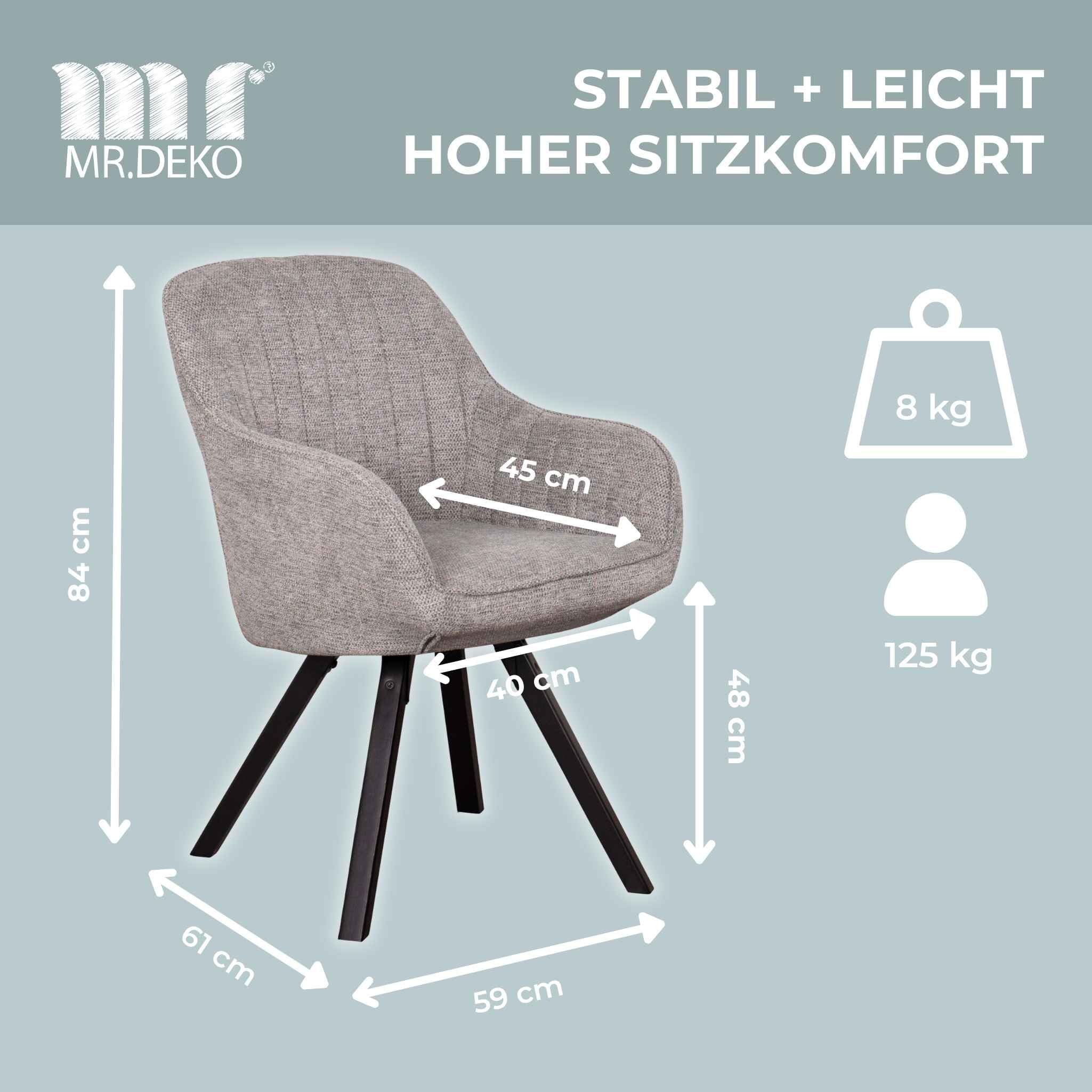 MR. DEKO Matera Lot de 6 chaises de salle à manger Gris clair | FSC® pivotant avec accoudoir