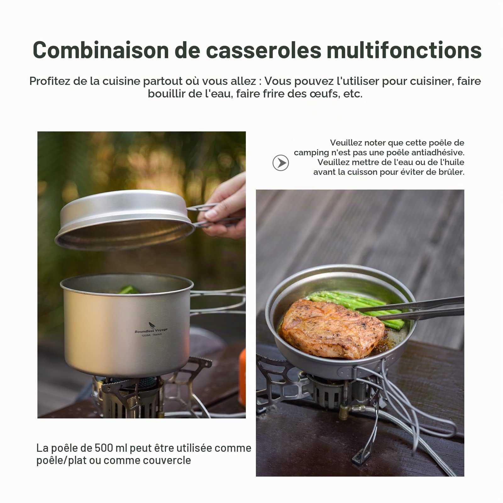 iBasingo Ensemble de casseroles en Titane Ustensiles de Cuisine de Camping Ensemble de Bols légers d'extérieur Kit de Mess de Cuisine avec poignée Pliante pour 1-2 Personnes 2 pièces/Ensemble