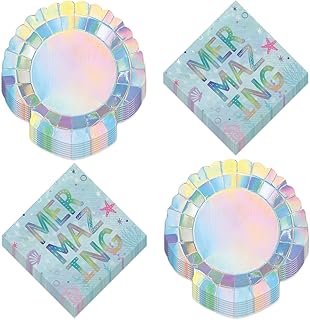 Mermaid Party Shell Shaped Iridescent Paper Plates and Metallic Beverage Napkins (Serves 16)