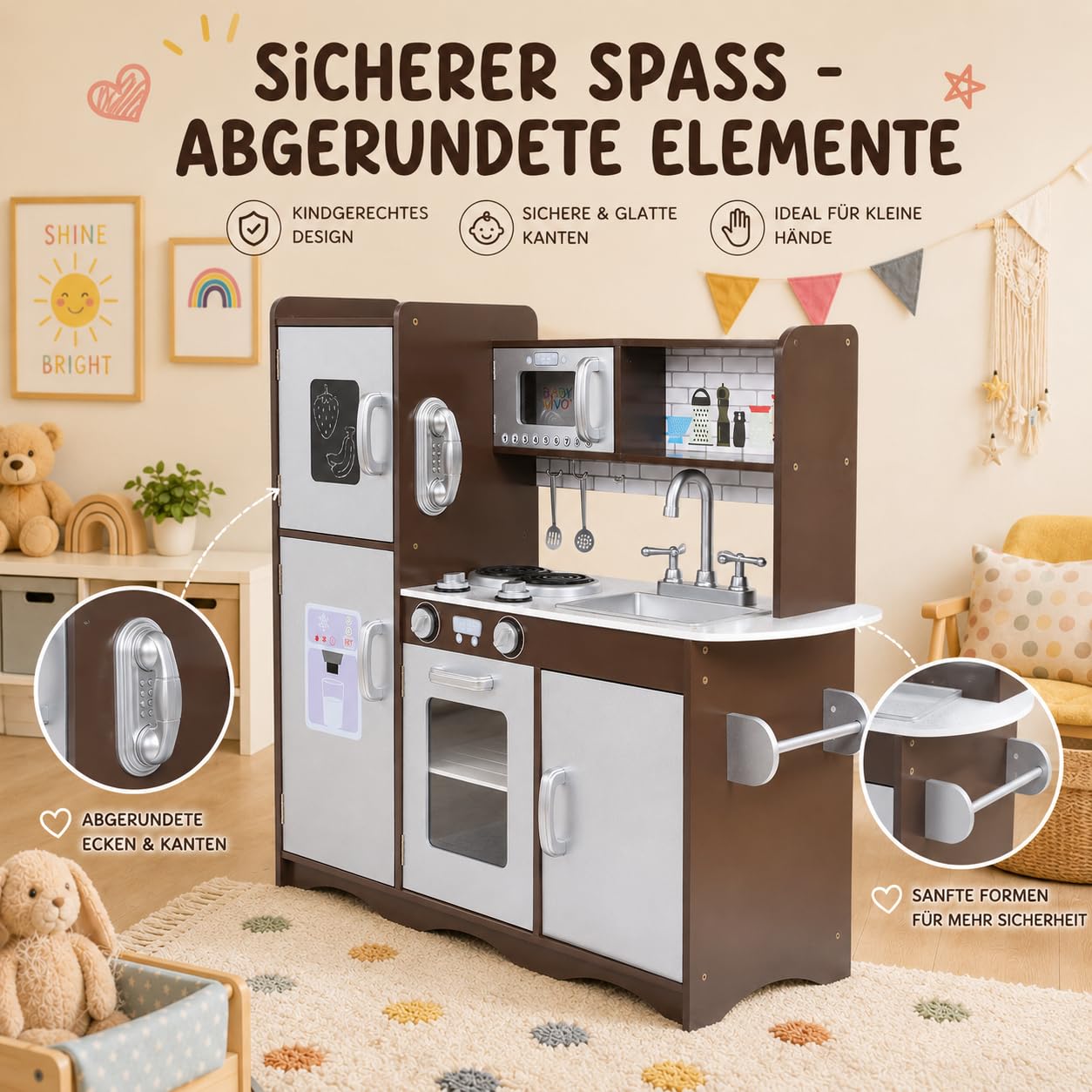 Baby Vivo Kinderküche Spielküche Set aus Holz Kinderspielküche Küche Holzküche Spielzeugküche - Toni in Braun