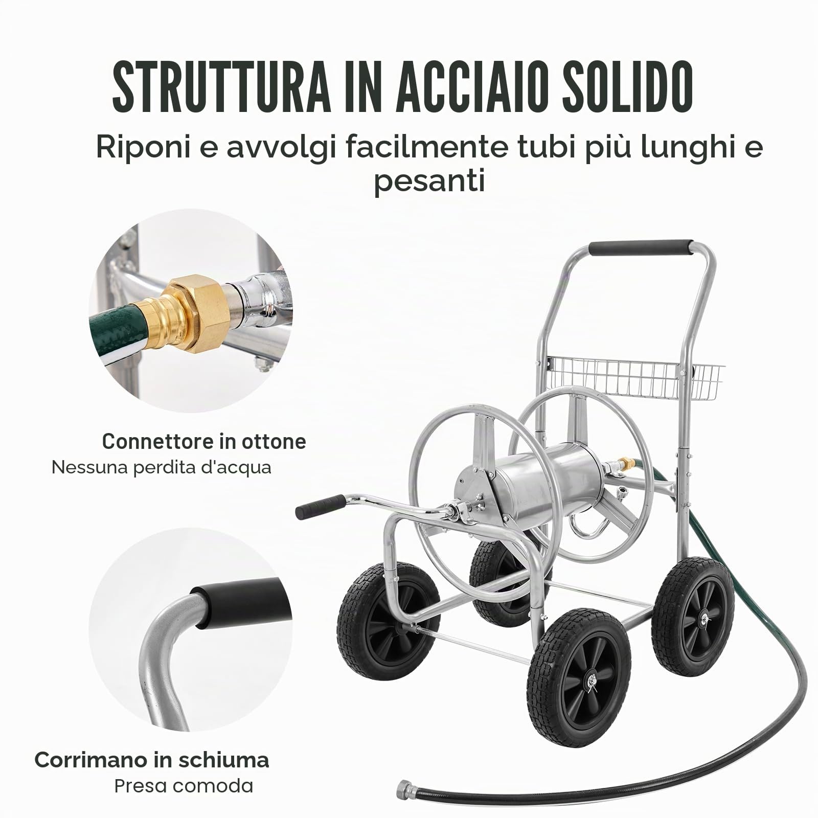 VEVOR Carrello avvolgitubo, può contenere fino a 250 piedi di tubo da 5/8", carrelli per tubi dell'acqua da giardino, strumenti mobili con 4 ruote, piantagione da esterno in acciaio verniciato a polve